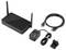 'A black wireless router with two antennas, a power adapter, an HDMI cable, and a plug adapter, all placed side by side.'