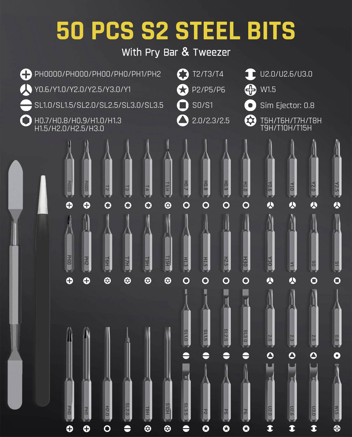 '50 PCS S2 Steel Bits' set displayed with various screwdriver bit types, including PH, PZ, SL, H, T, U, Y, S, and Sim Ejector. Includes a pry bar and tweezer.