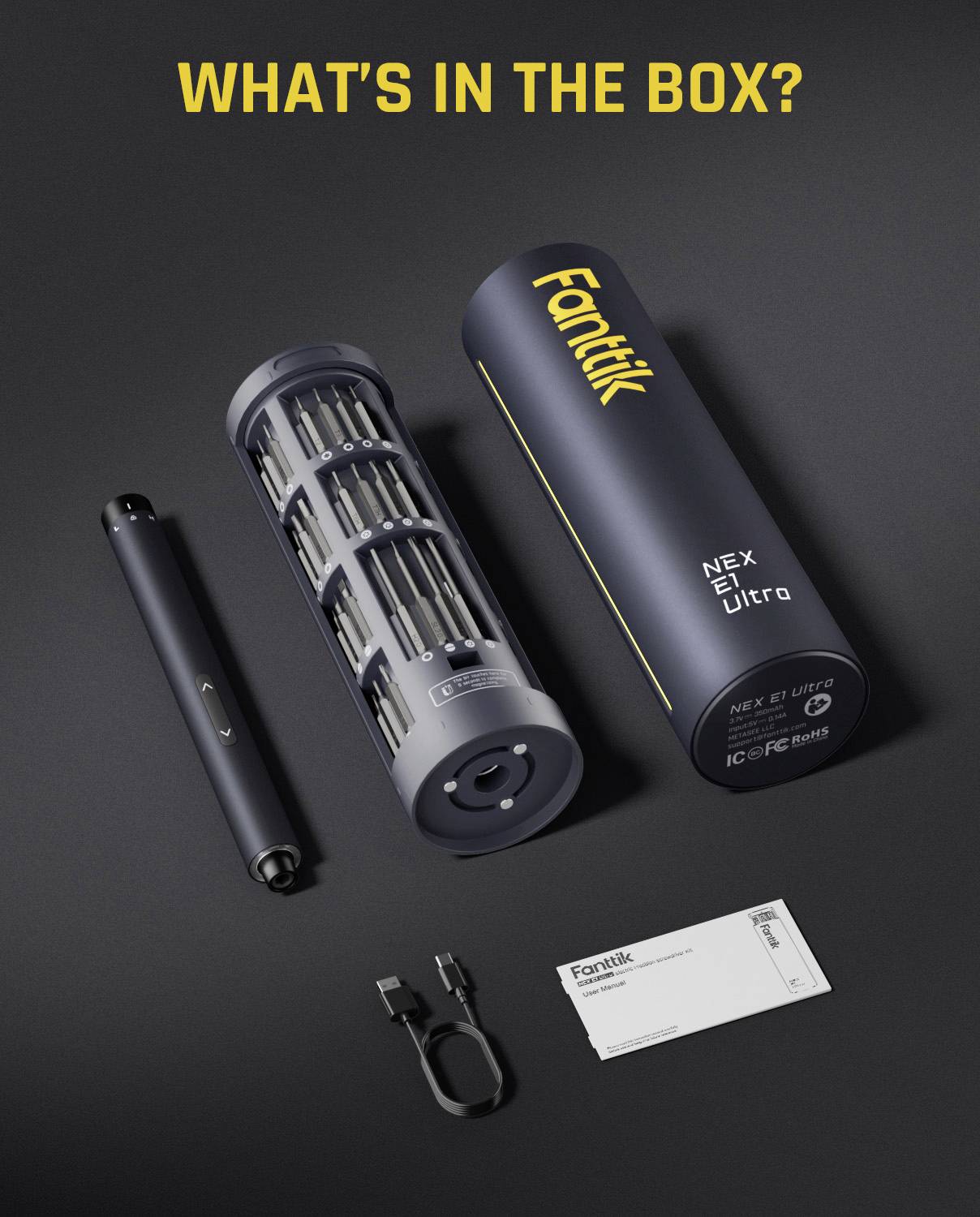 'What's in the Box?' text with a toolkit showing a screwdriver with bits, charging cable, and instructions, all labeled FanTik.