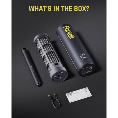 'What's in the Box?' text with a toolkit showing a screwdriver with bits, charging cable, and instructions, all labeled FanTik.
