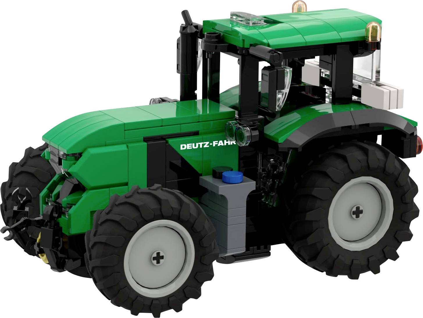 A green toy tractor model marked 'Deutz-Fahr' with large black tires, showcasing a realistic design and detailed construction features.
