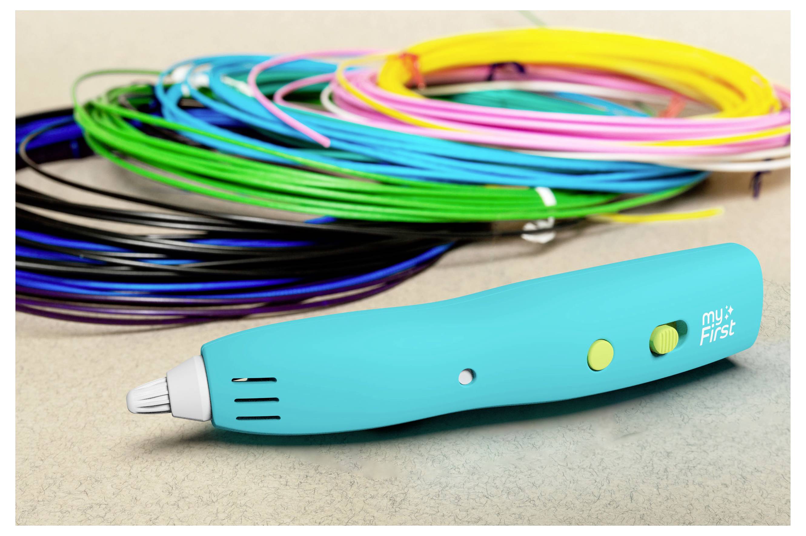 A blue 3D printing pen labeled 'my First' lies on a surface, surrounded by colorful plastic filament strands, showcasing crafting tools.