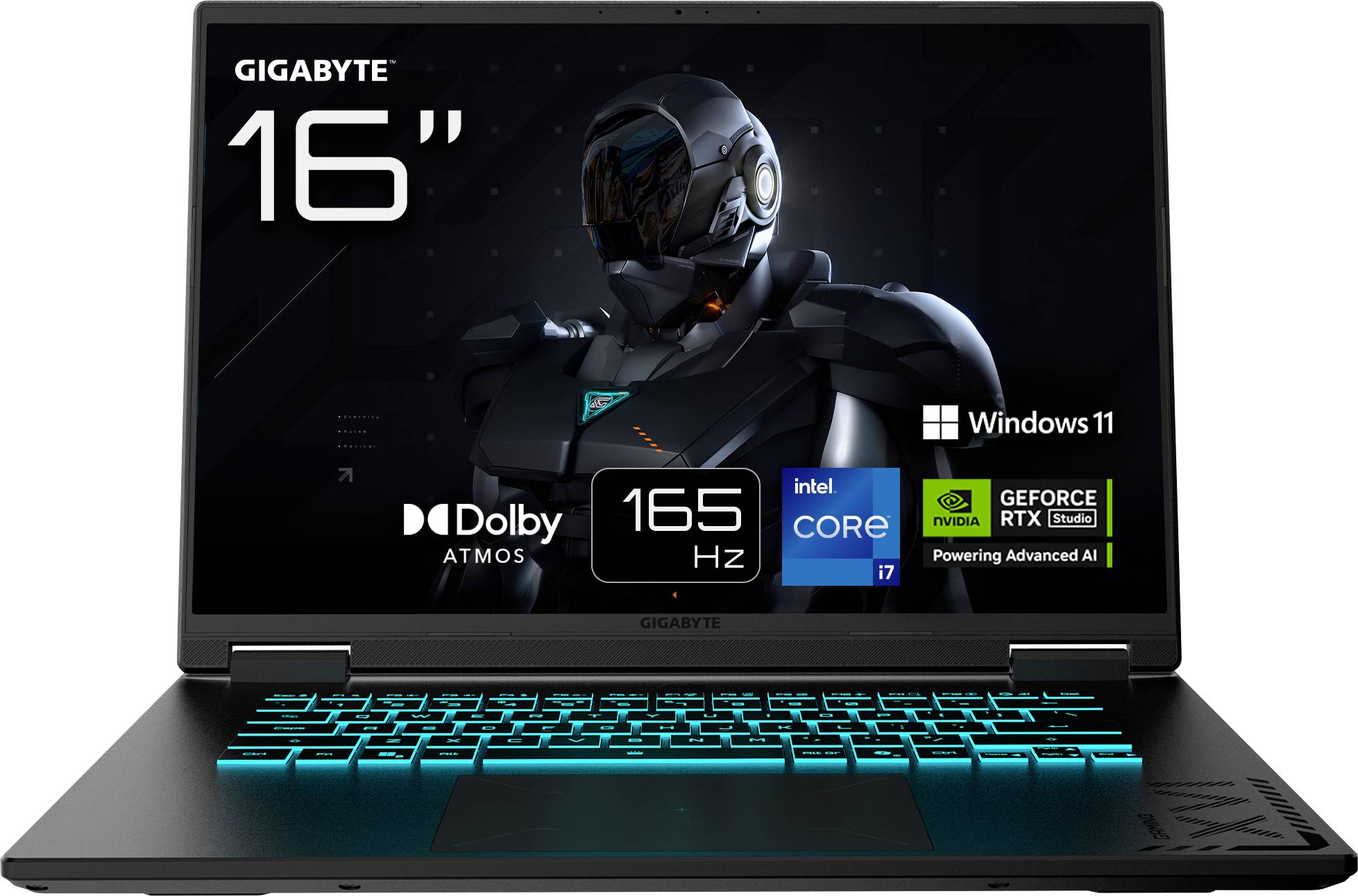 A gaming laptop displaying 'GIGABYTE 16"', with features like Windows 11, Dolby Atmos, 165 Hz refresh rate, Intel Core i7, and GeForce RTX.