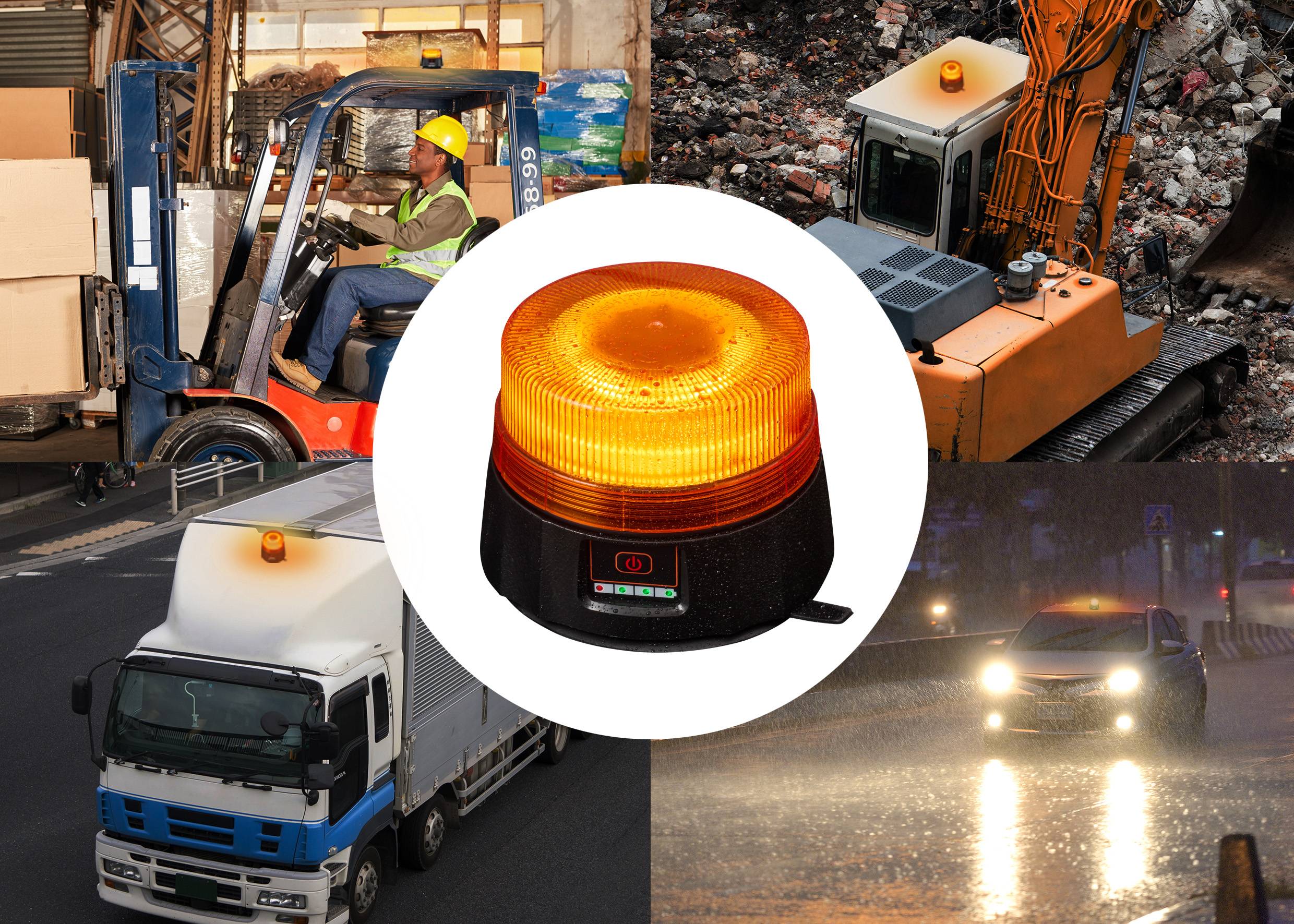 'Orange strobe safety light' centered, surrounded by images showing its use: forklift with boxes, construction vehicle, delivery truck, and car in rain.