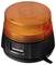 An orange rotating beacon light with a black base, featuring a power button and indicator lights, used for signaling or alert purposes.