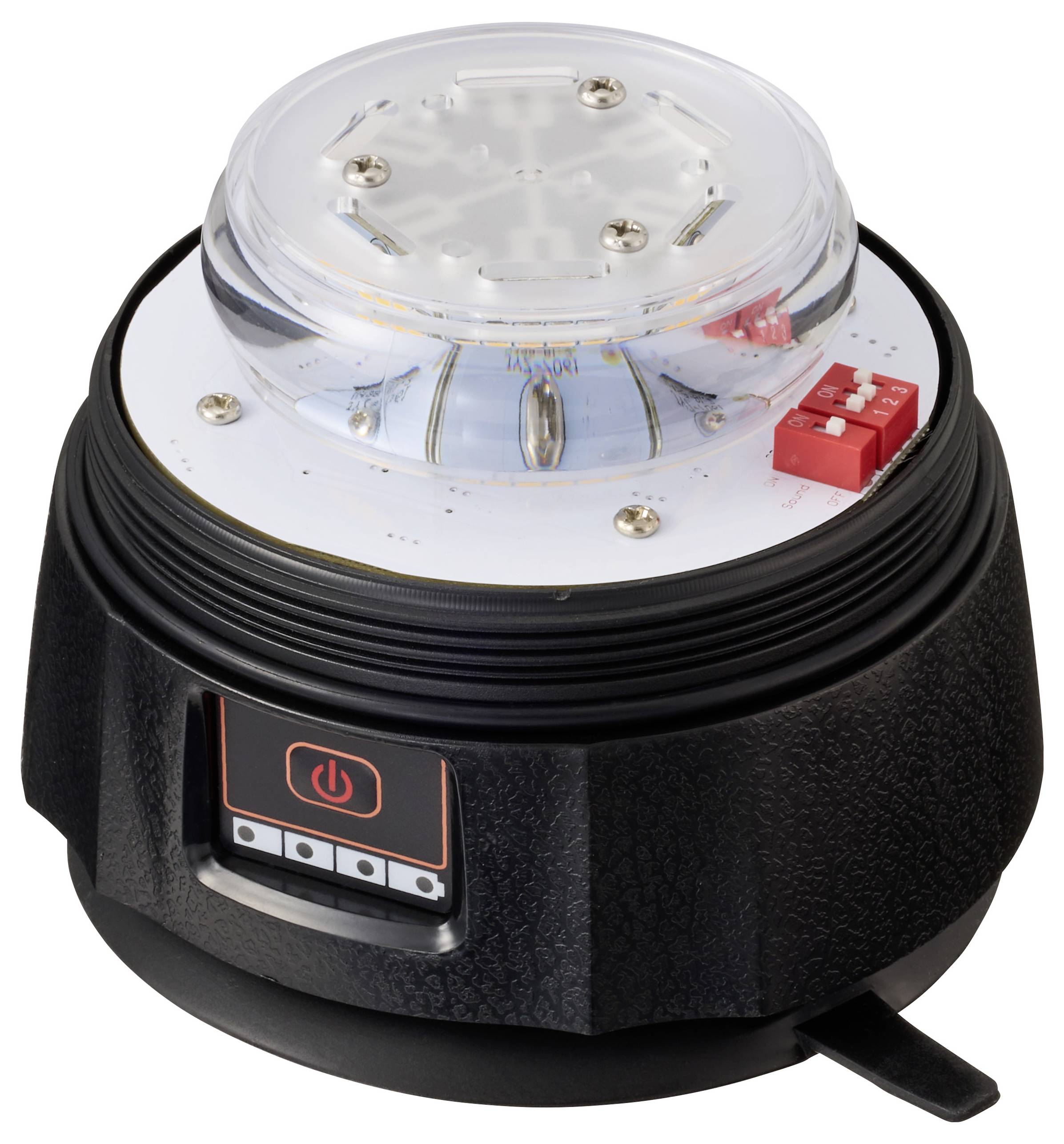 A black rotating LED warning light with a transparent top dome, red switch, and power button at the base, designed for safety signaling.