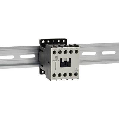 An electrical contactor mounted on a metal rail, showing multiple terminals labeled '1NO,' '3NO,' '4NO,' 'A1+,' and 'A2-.'