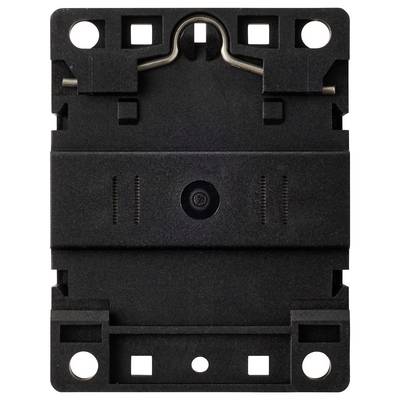A black plastic electrical device plate with multiple holes and a central protrusion, used for securing components in electronic equipment.
