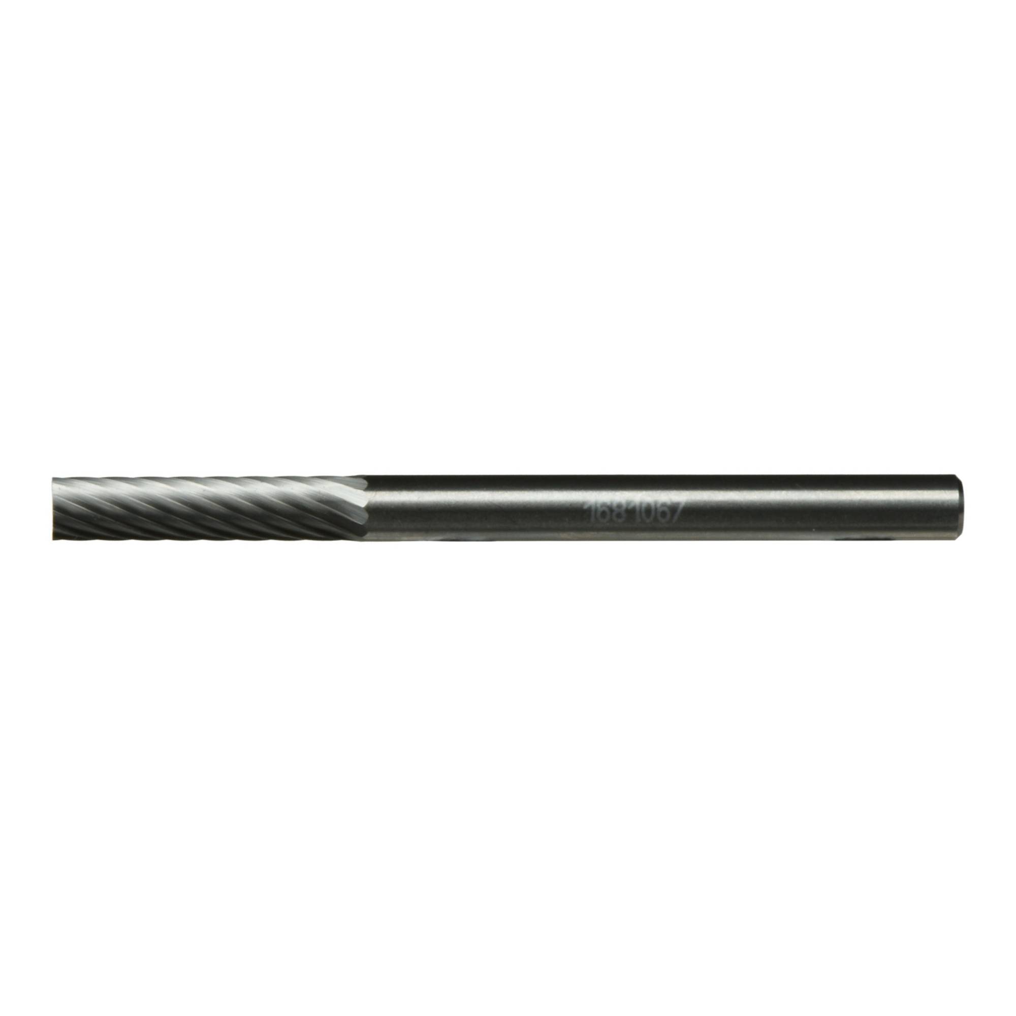 A cylindrical drill bit with a spiral cutting edge, shown on a plain white background, emphasizing its design and texture.
