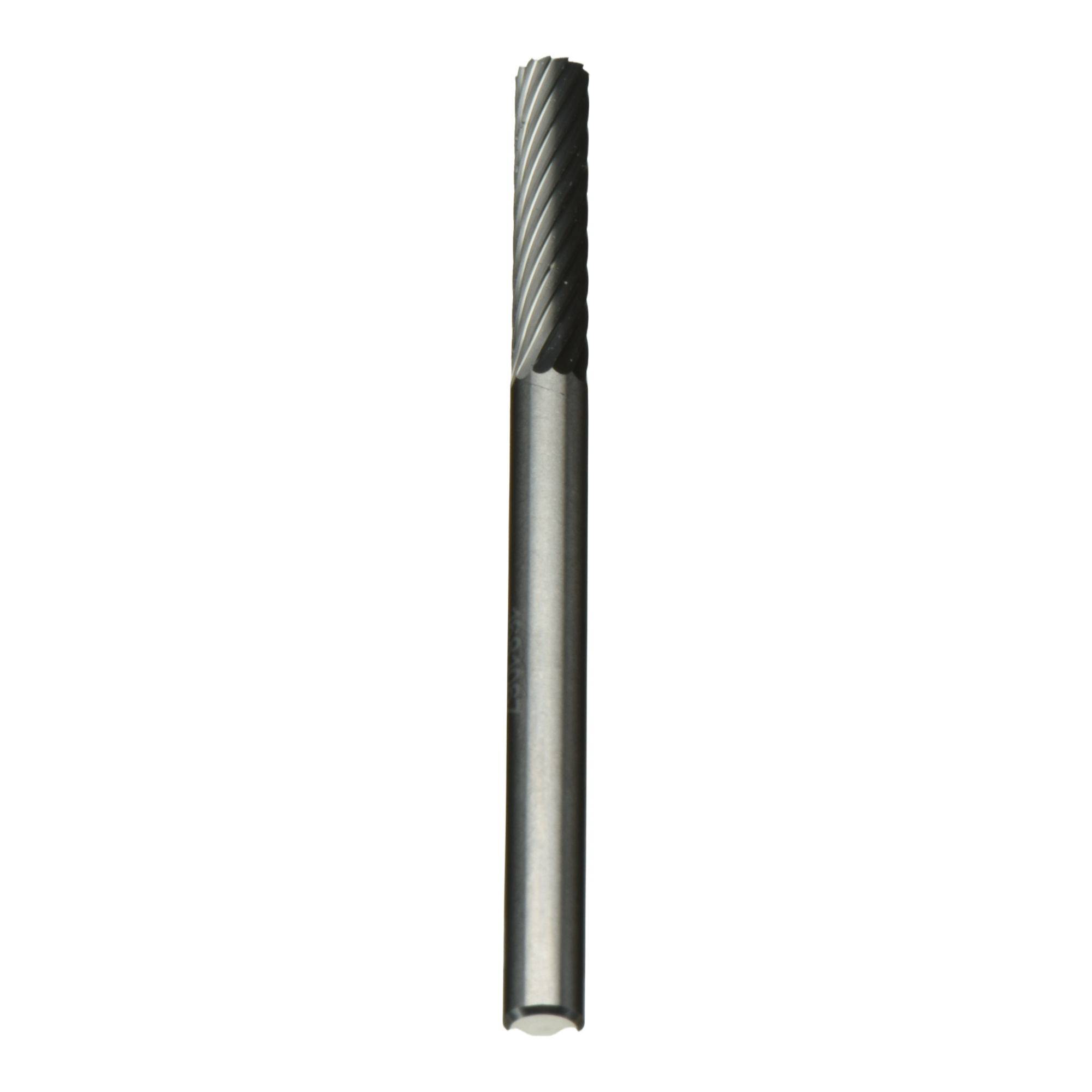 'A silver carbide bur tool with a spiral, textured head and smooth handle, used for precision shaping or cutting in various materials.'