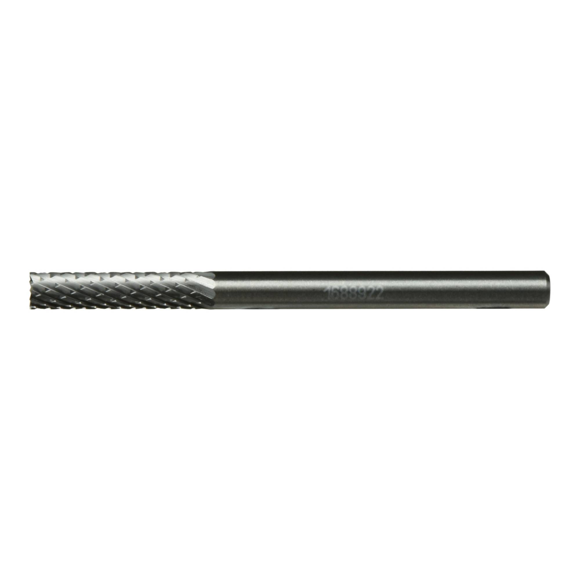 A cylindrical metal cutting tool with a textured tip, used for precision drilling or shaping materials.