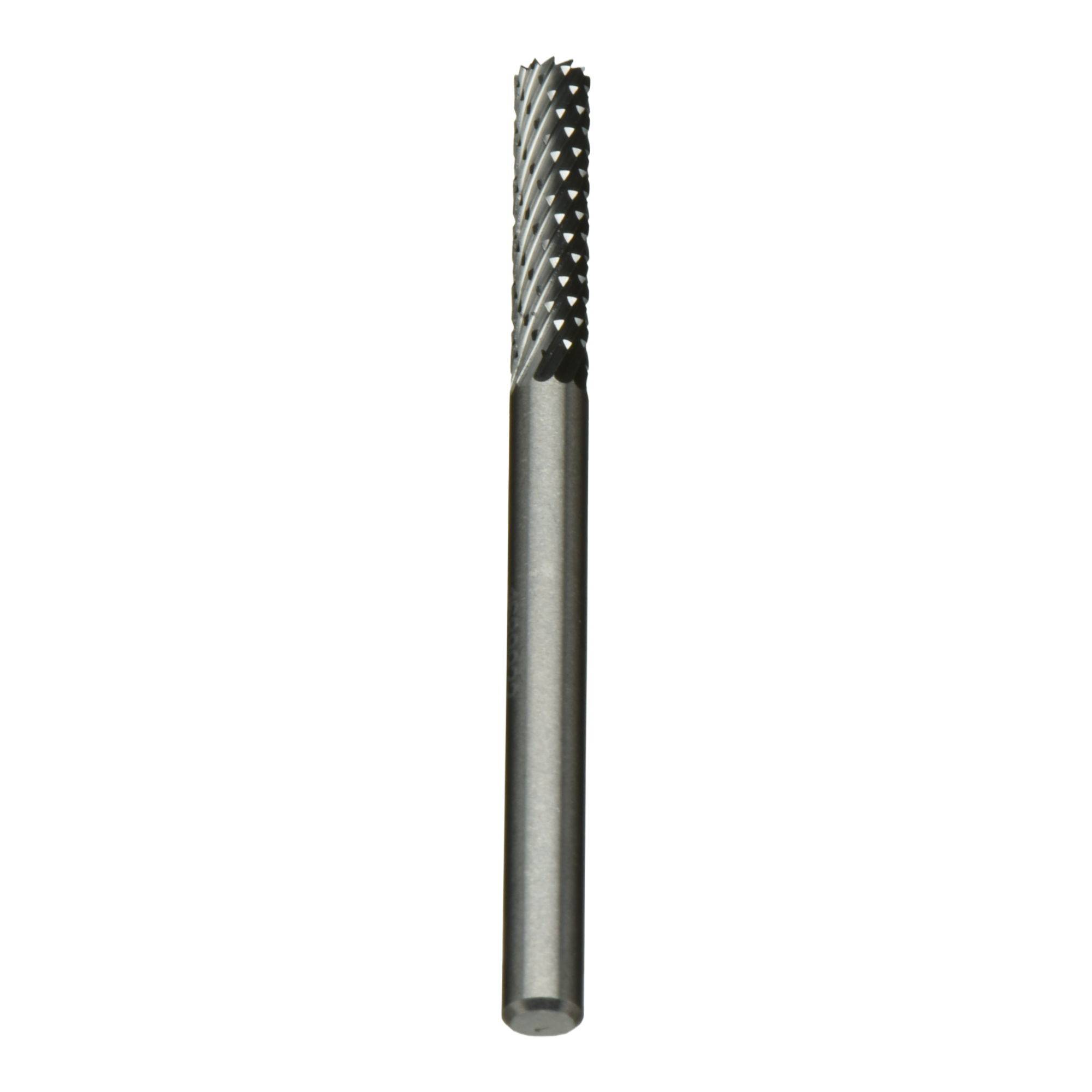 Carbide bur tool with a cylindrical shape and spiral cutting grooves on the top half, used for precision material removal or shaping.