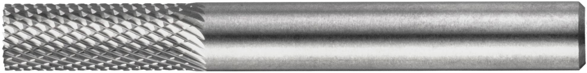 A metallic tool handle with a textured grip on the left half and a smooth finish on the right half, indicating ergonomic design.