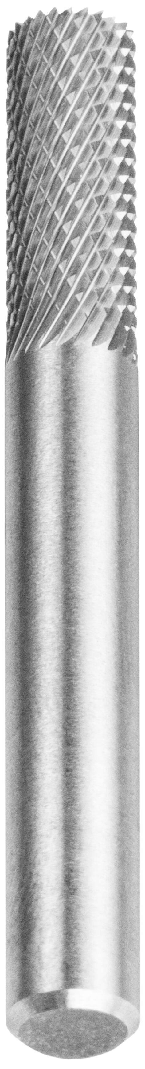 A cylindrical metal tool with a textured, spiral pattern at the top for cutting or carving.
