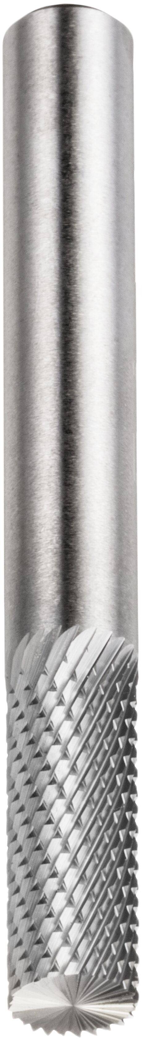 'A cylindrical metal tool with spiral grooves, likely a milling cutter or drill bit, used for precision cutting or shaping materials.'