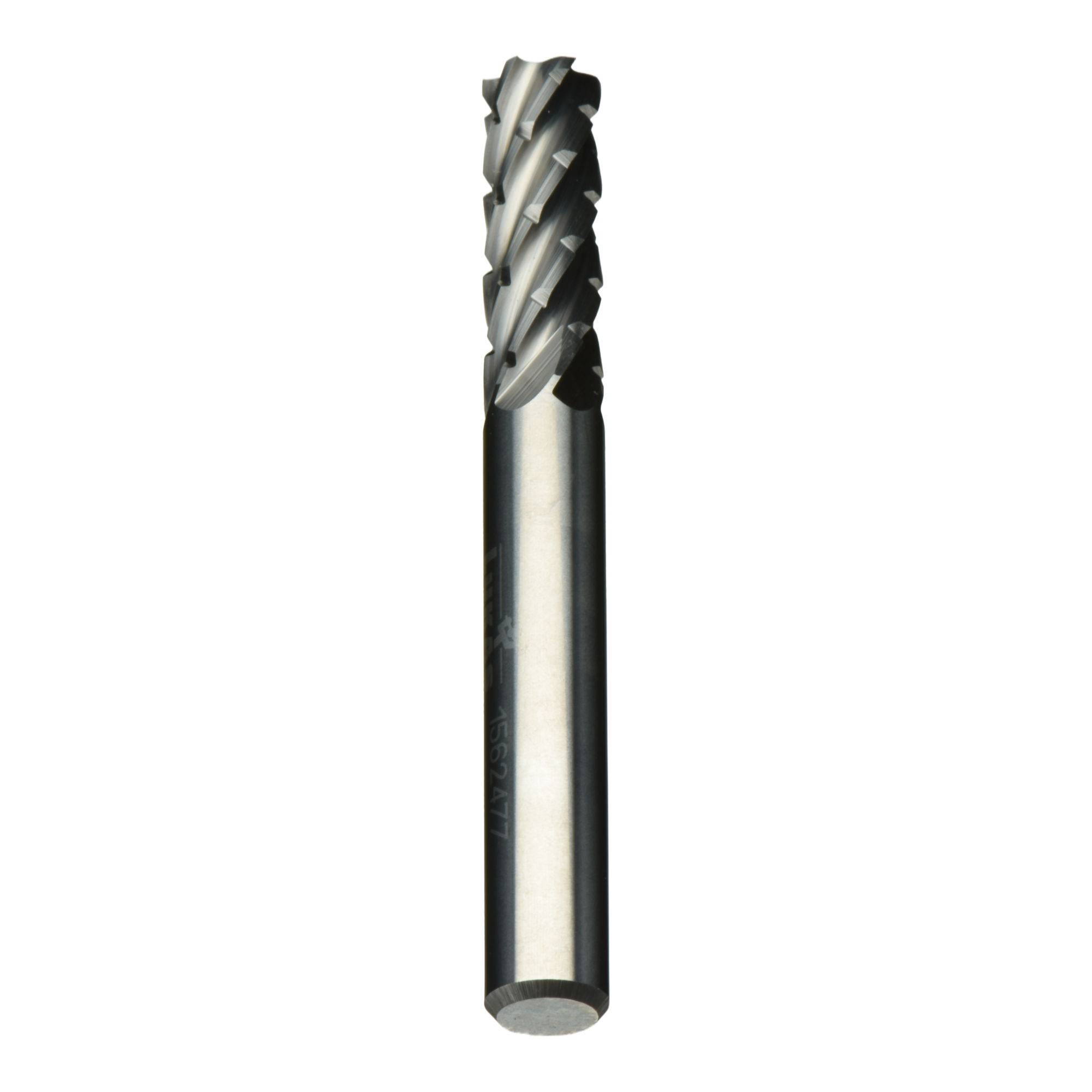 A metal cylindrical end mill tool with helical cutting edges for machining applications.
