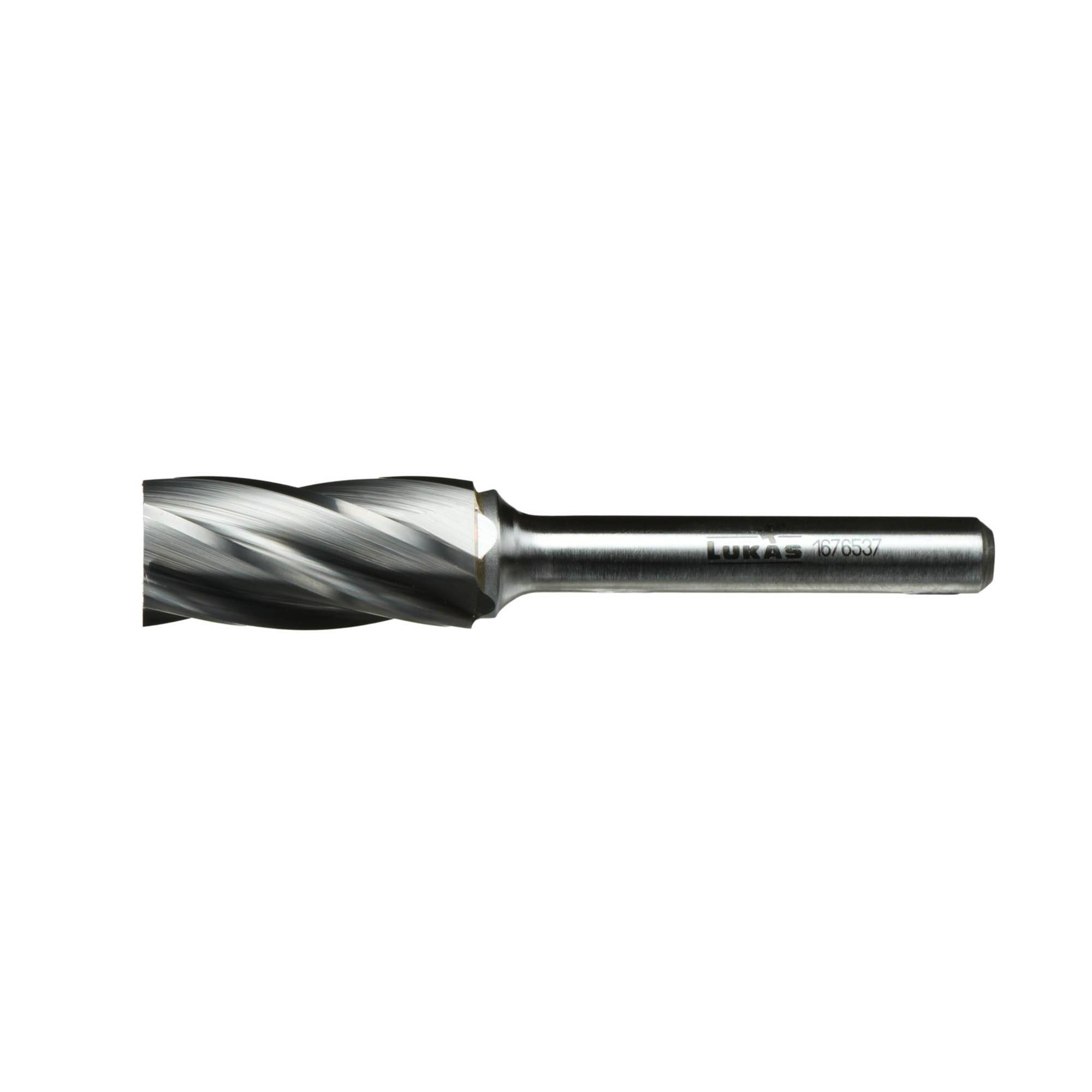 A close-up view of a metal drill bit with a spiral design, showcasing its sharp edges and sleek metallic finish against a plain background.