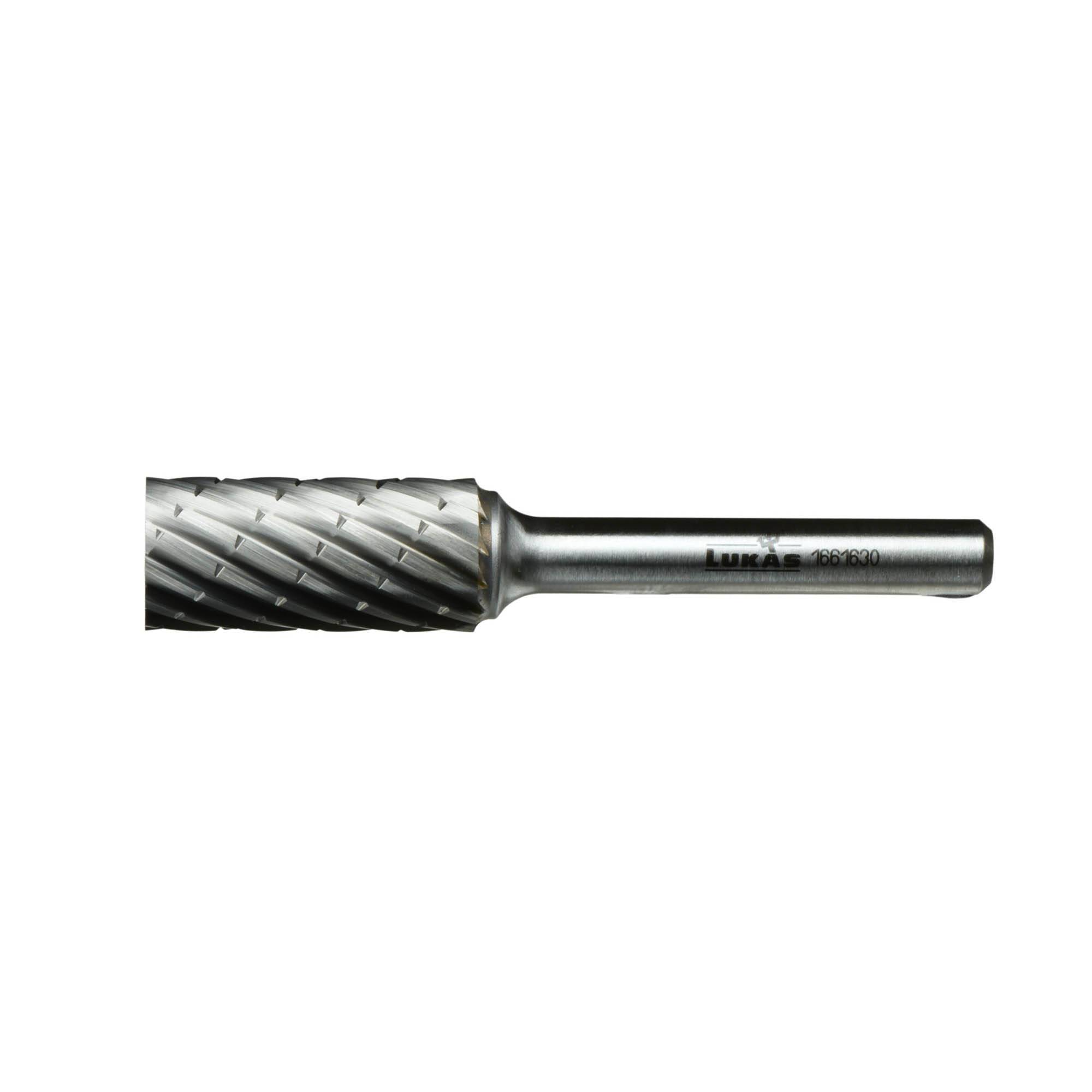 A silver rotary burr with a textured cutting head and a smooth, cylindrical shank. Used for cutting, shaping, and grinding materials.