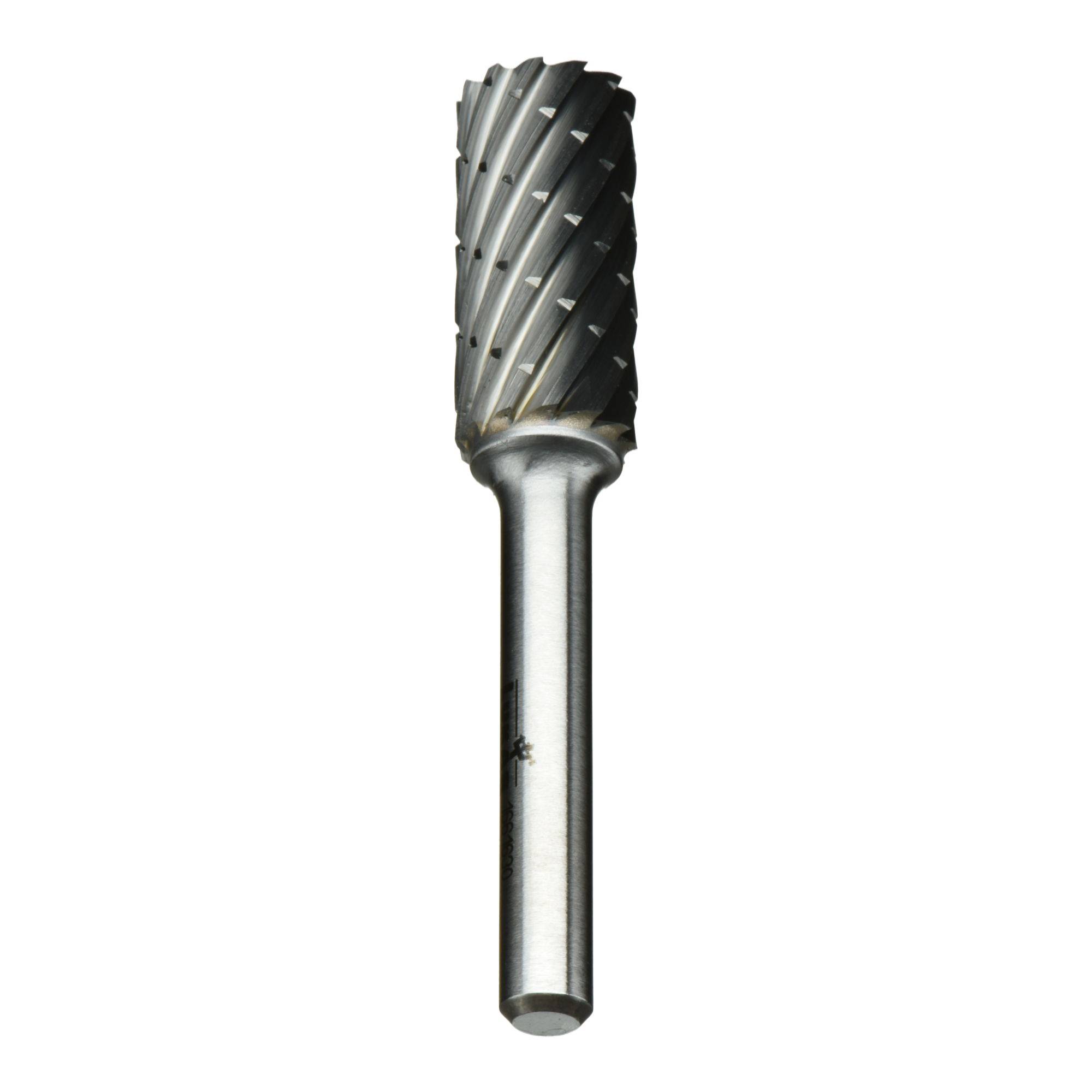A cylindrical, metal rotary burr tool with spiral grooves, used for shaping, grinding, and deburring materials such as metal or wood.