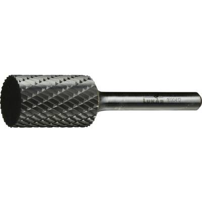 A metal rotary burr with a cylindrical shape, featuring a cross-cut pattern on its head, used for grinding, shaping, or cutting materials.