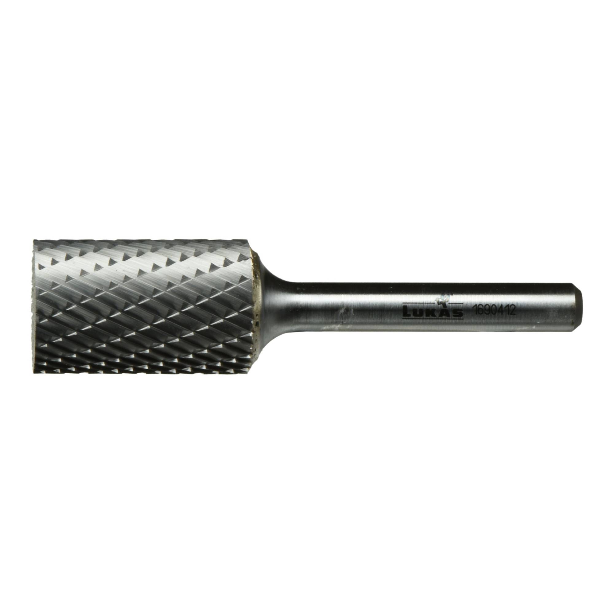 A metal rotary burr with a cylindrical cutting head, used for shaping, grinding, and removing material from metal surfaces.