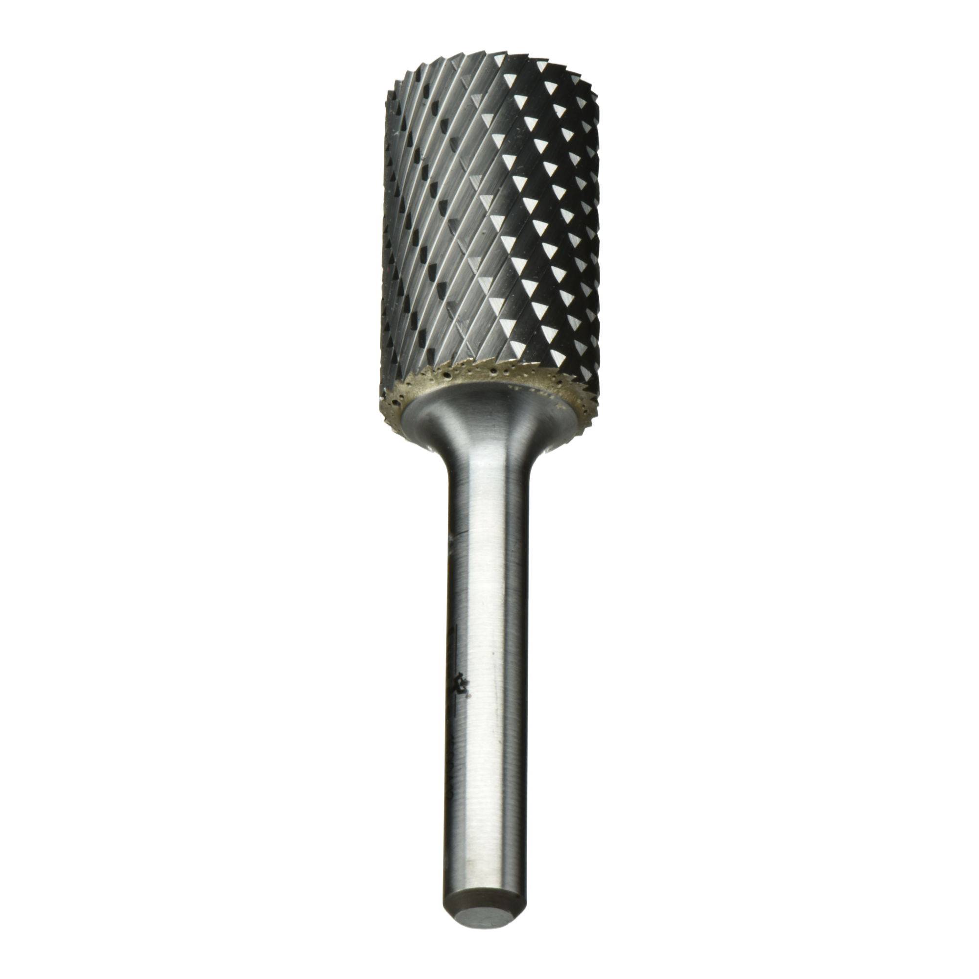A cylindrical tungsten carbide burr tool with a textured cutting surface and smooth metal shank, used in metalworking or woodworking.