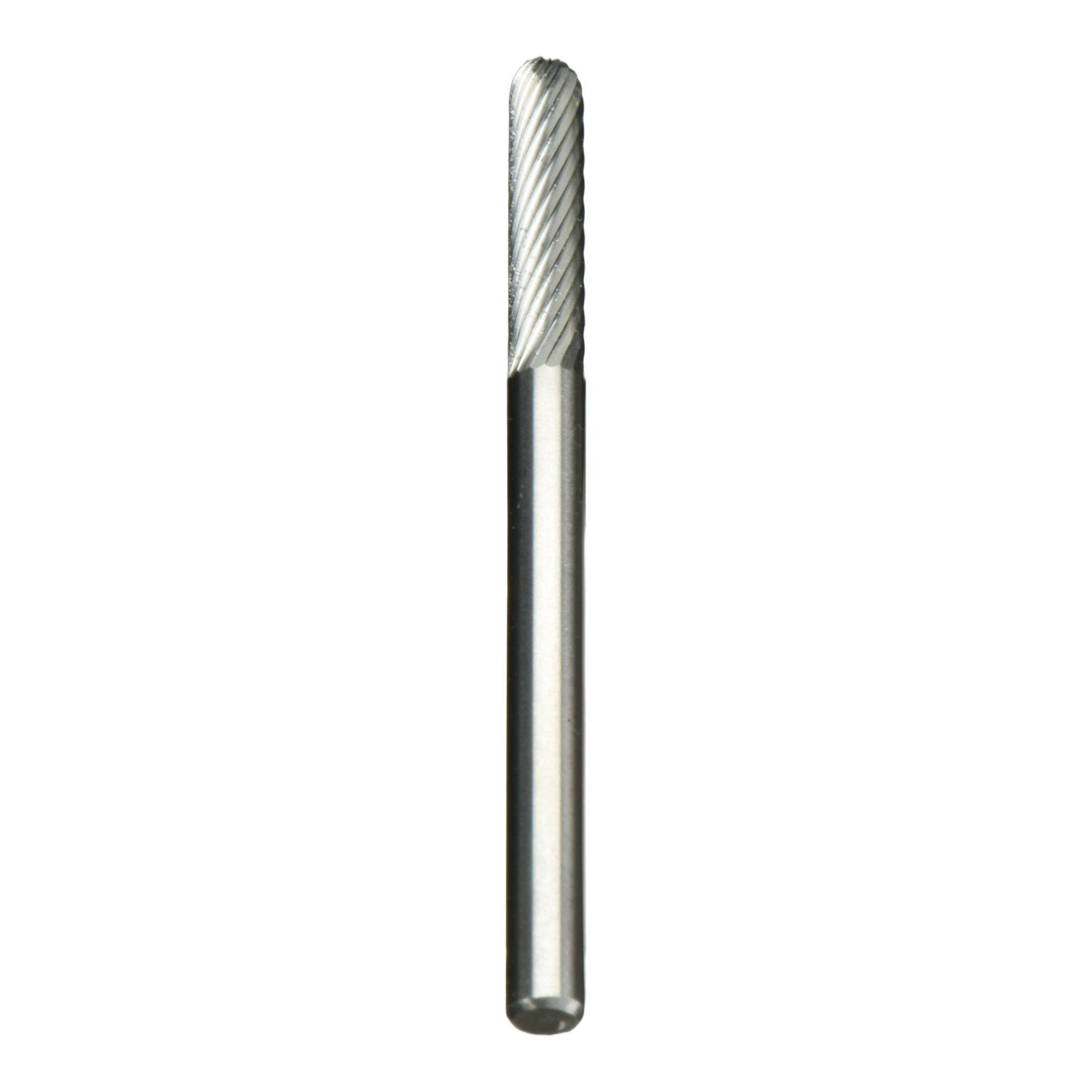 A cylindrical silver rotary file tool with a textured cutting head, used for precision shaping or removal of material in crafts or metalwork.