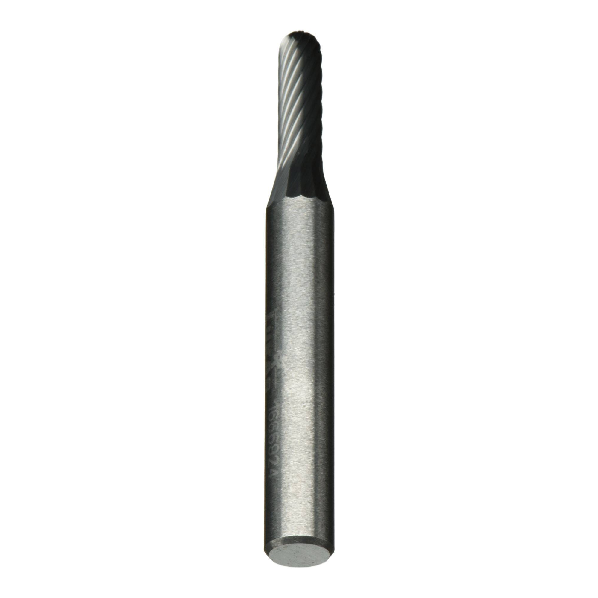A cylindrical metal cutting tool with a spiral flute pattern, used for milling operations in machining, displayed against a white background.