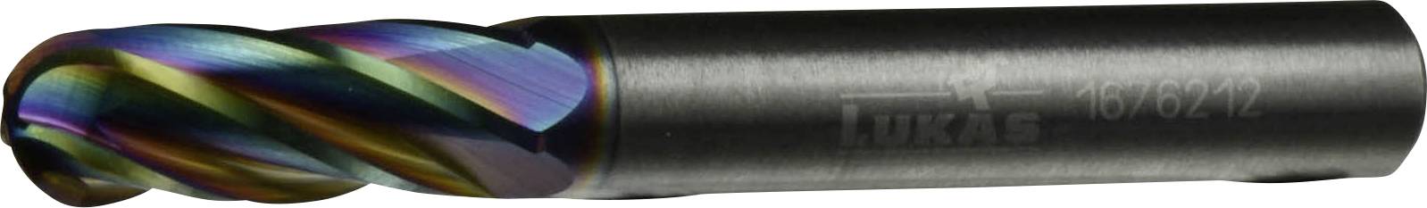 A metallic, rainbow-colored end mill tool with multiple flutes, used for precision cutting or machining tasks in industrial settings.