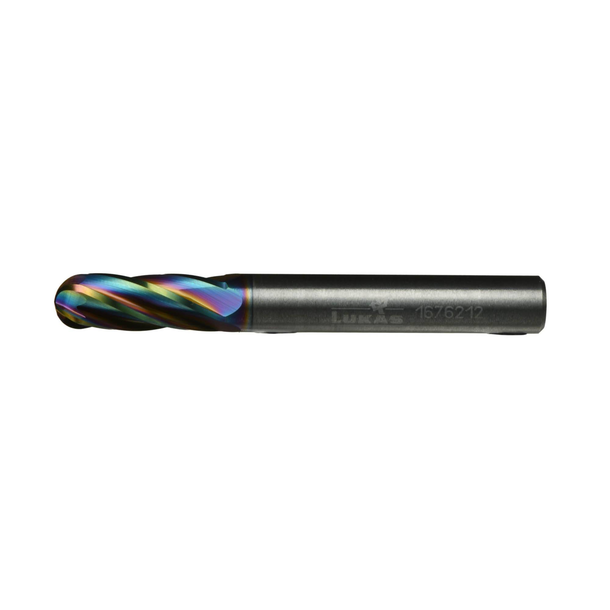 A black and rainbow-colored, spiral end mill tool with 'LUKAS' engraved on the side, used for milling applications in machining.