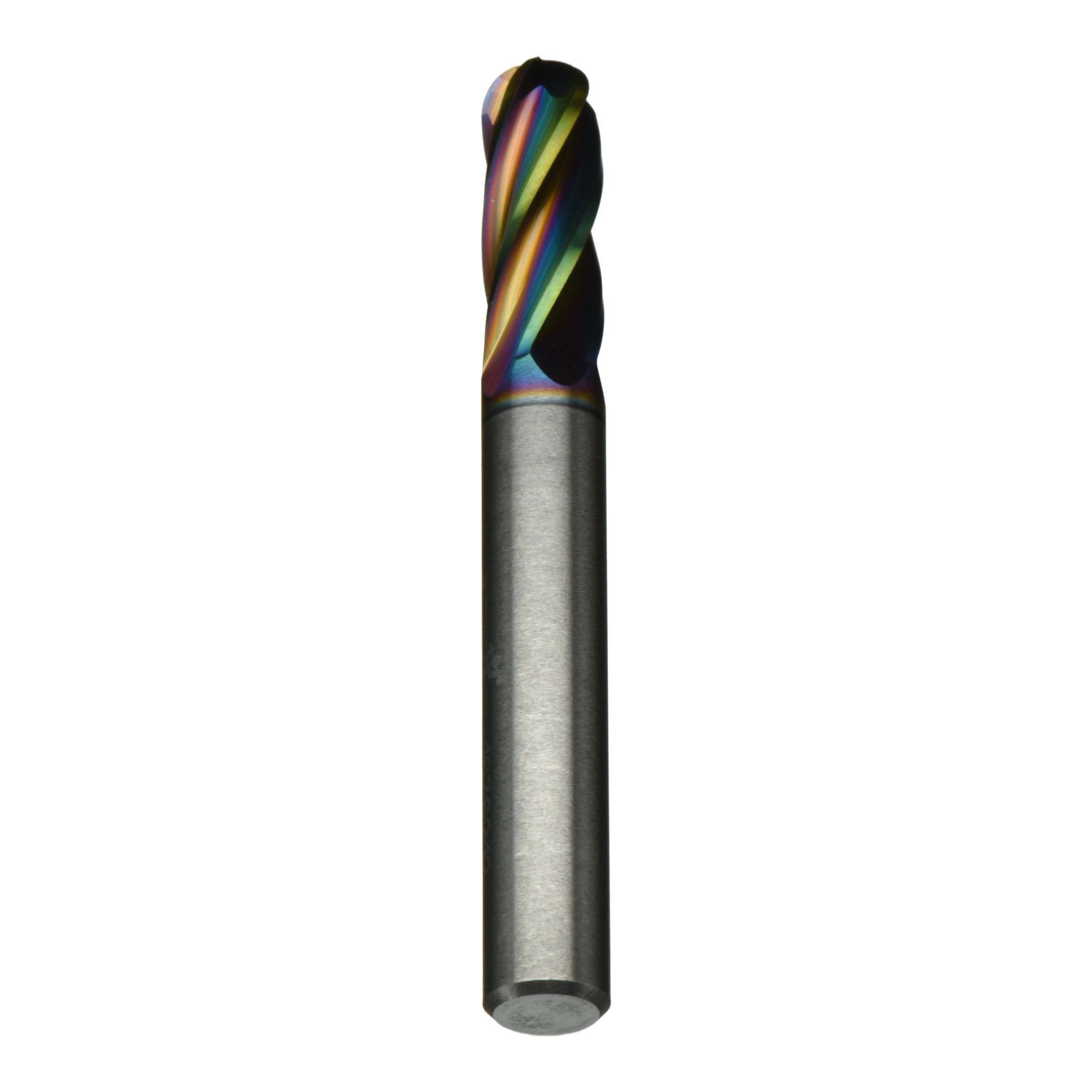 A multi-colored metal spiral end mill tool with a smooth, cylindrical handle used for precise cutting in machining processes.