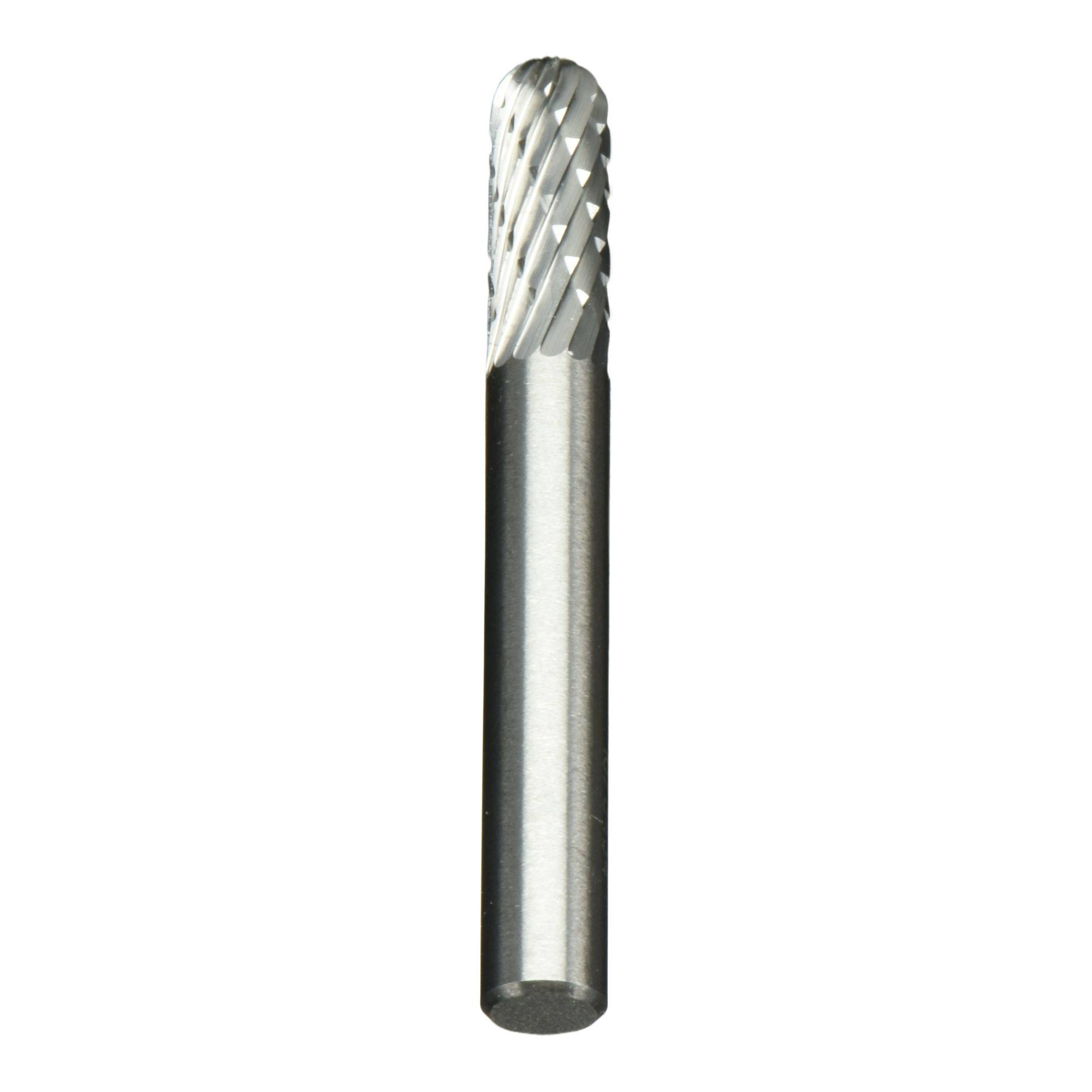A cylindrical metal cutting tool with a textured end for grinding or shaping materials; commonly used in machining or manufacturing.
