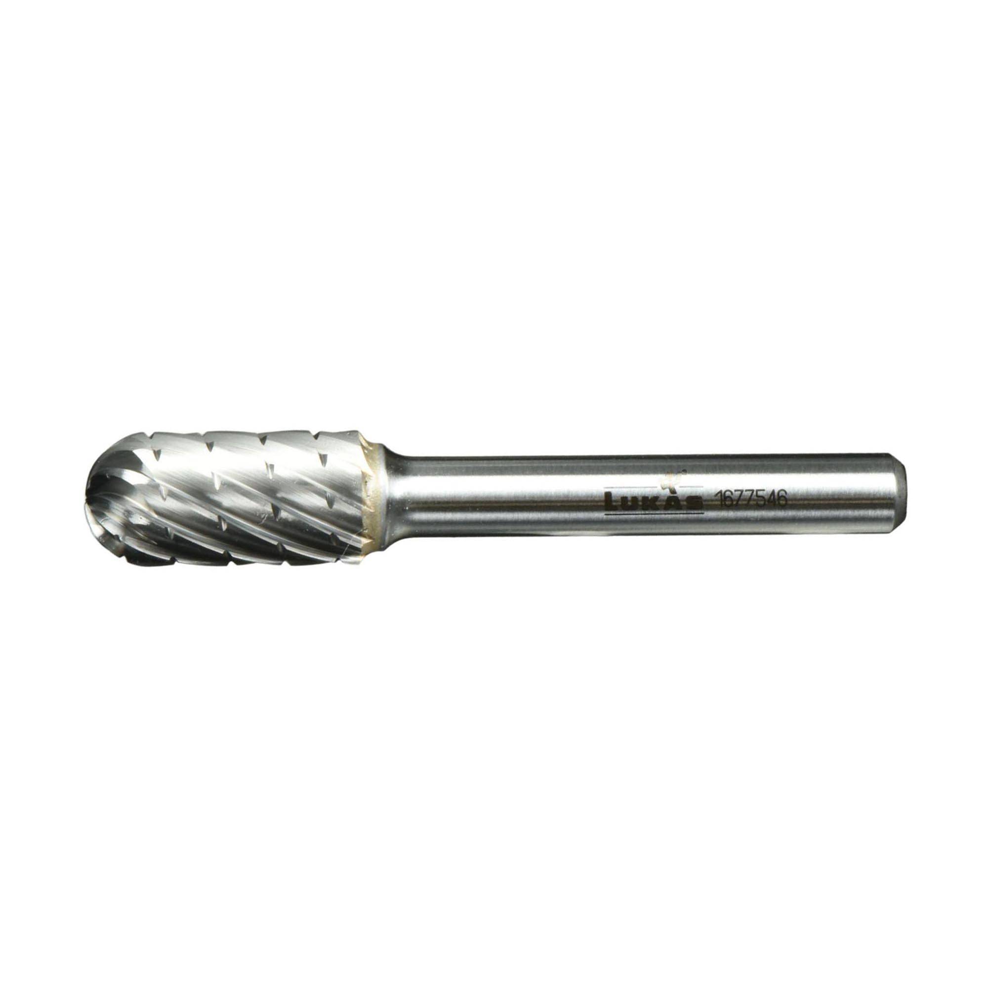 A silver, cylindrical rotary burr with a rounded tapered cutting head, featuring spiral flutes for metal shaping or grinding tasks.