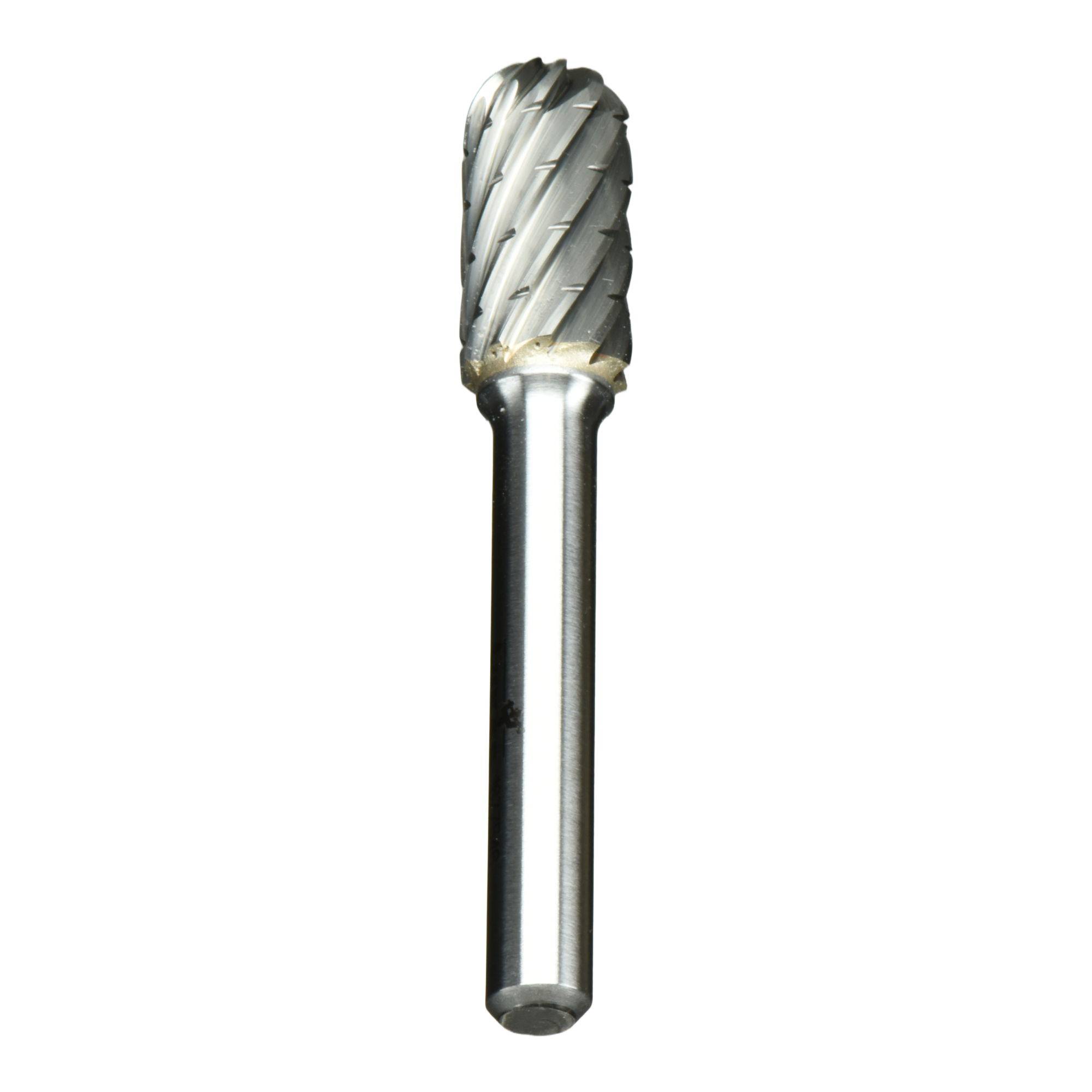 A cylindrical metal tool with spiral grooves, used for cutting and shaping materials.