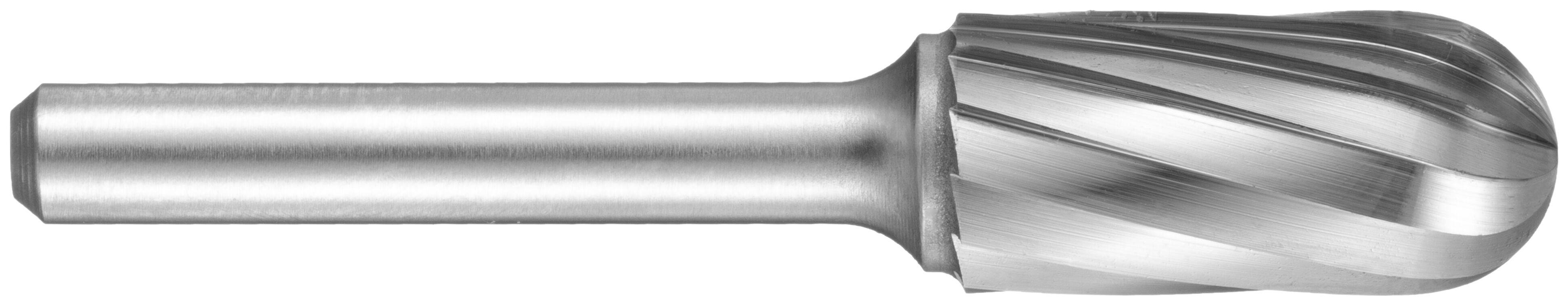 A cylindrical rotary burr tool with a metal shaft and tapered head featuring spiral grooves, used for shaping and grinding materials.