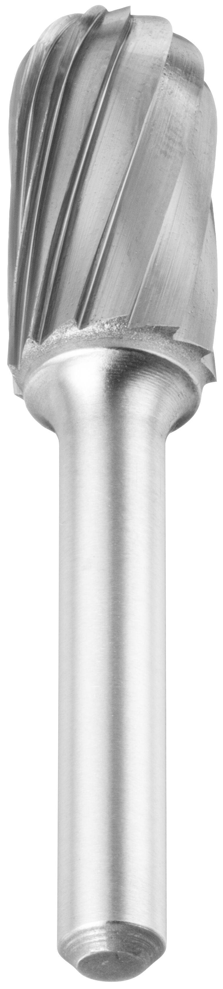 Metal cutting tool with helical flutes, used for shaping and machining materials. Machining bit with a cylindrical shank and smooth finish.