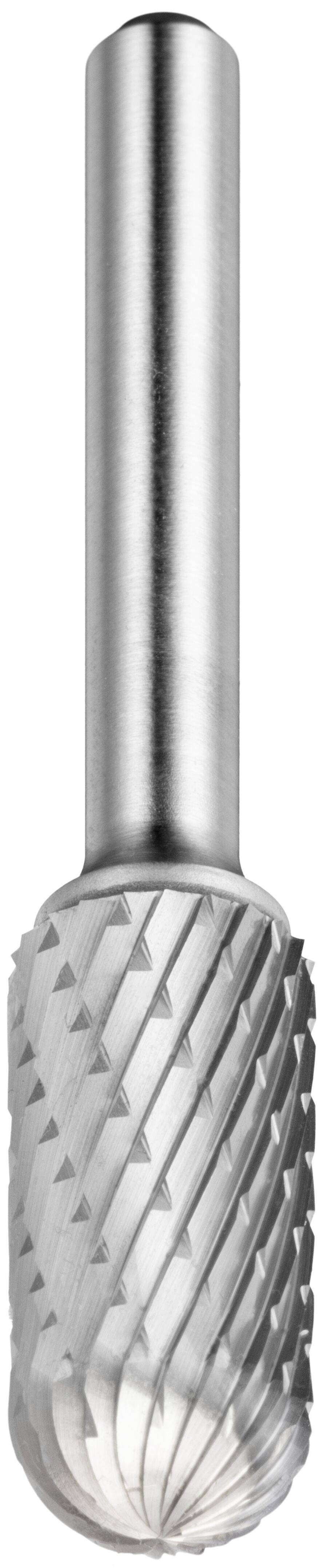 A close-up of a cylindrical burr cutting tool with a patterned surface, used for metal work.