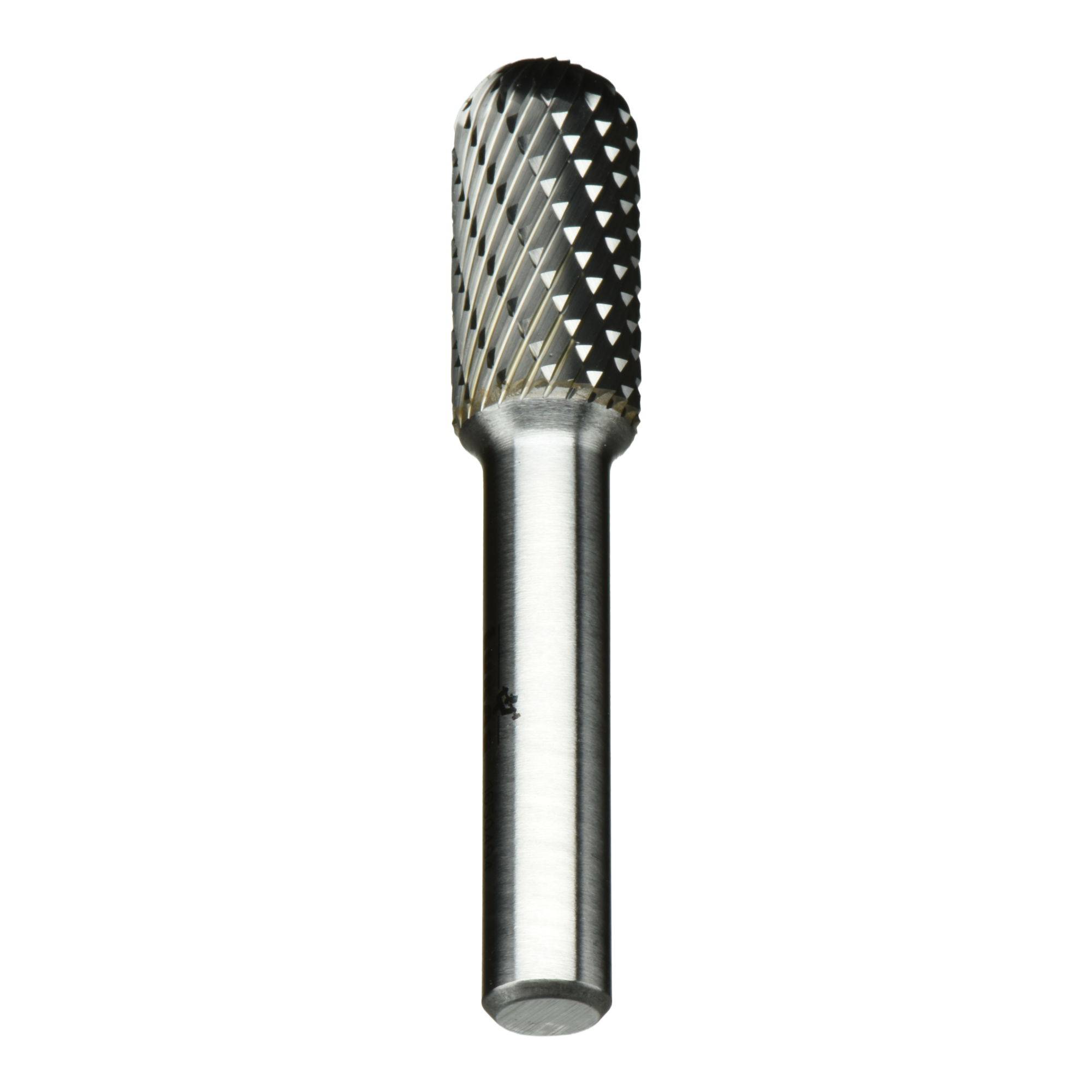 'A cylindrical metal tool with a textured head, used for grinding or shaping materials.'