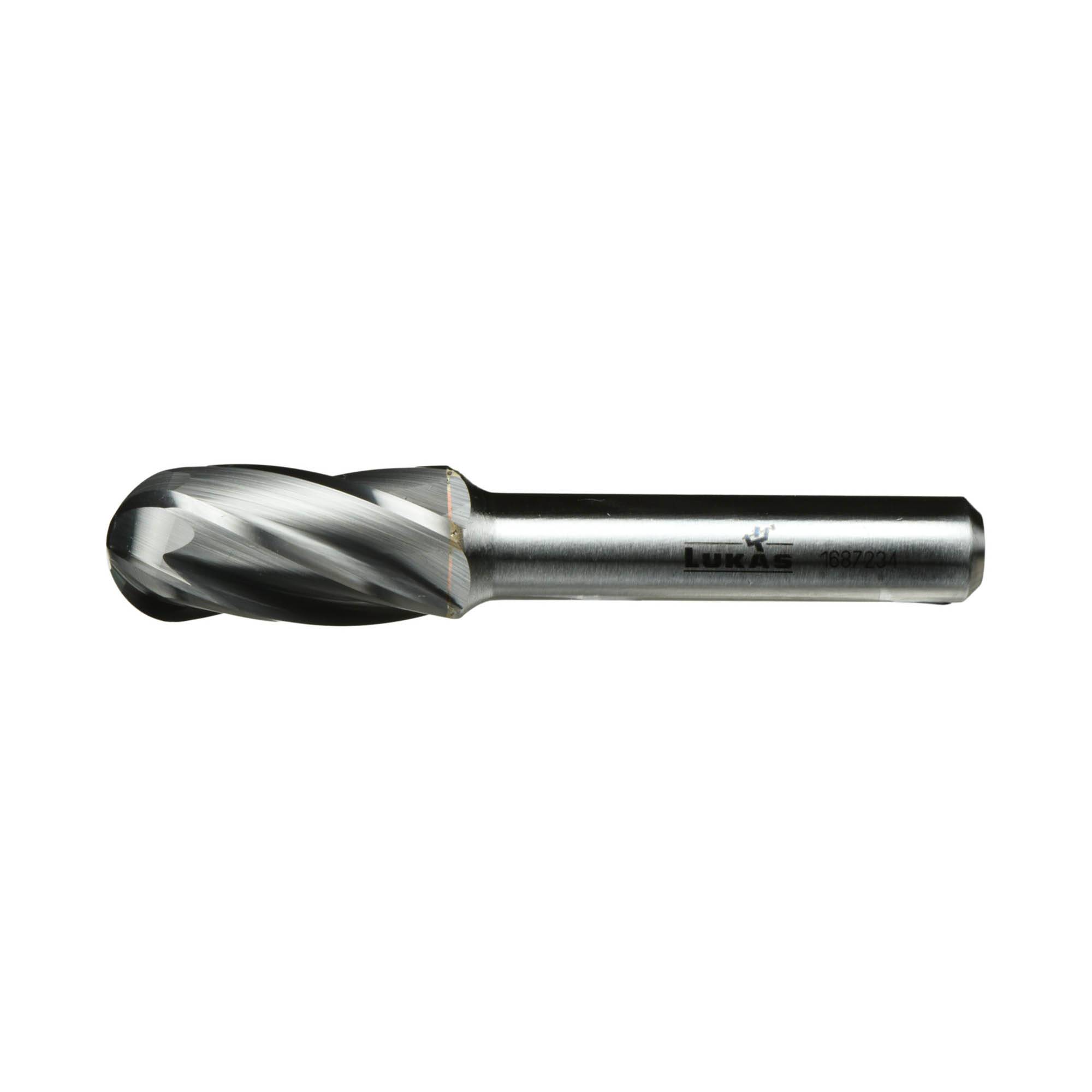 A silver carbide burr with a spherical-shaped head and spiral grooves, used for shaping materials like metal and wood.