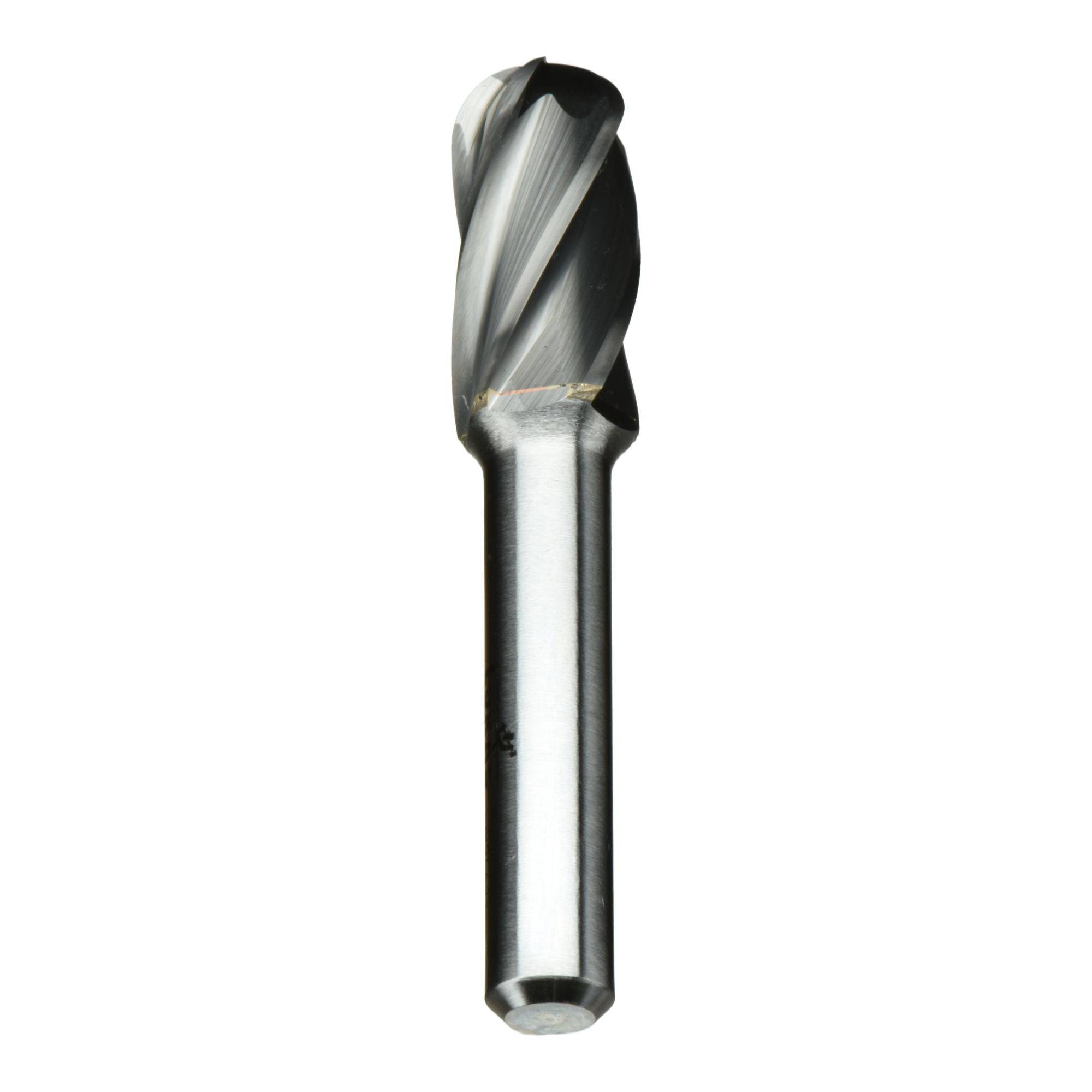 A close-up of a metal drill bit with a spiral design for cutting, used in woodworking or metalworking to create cylindrical holes.