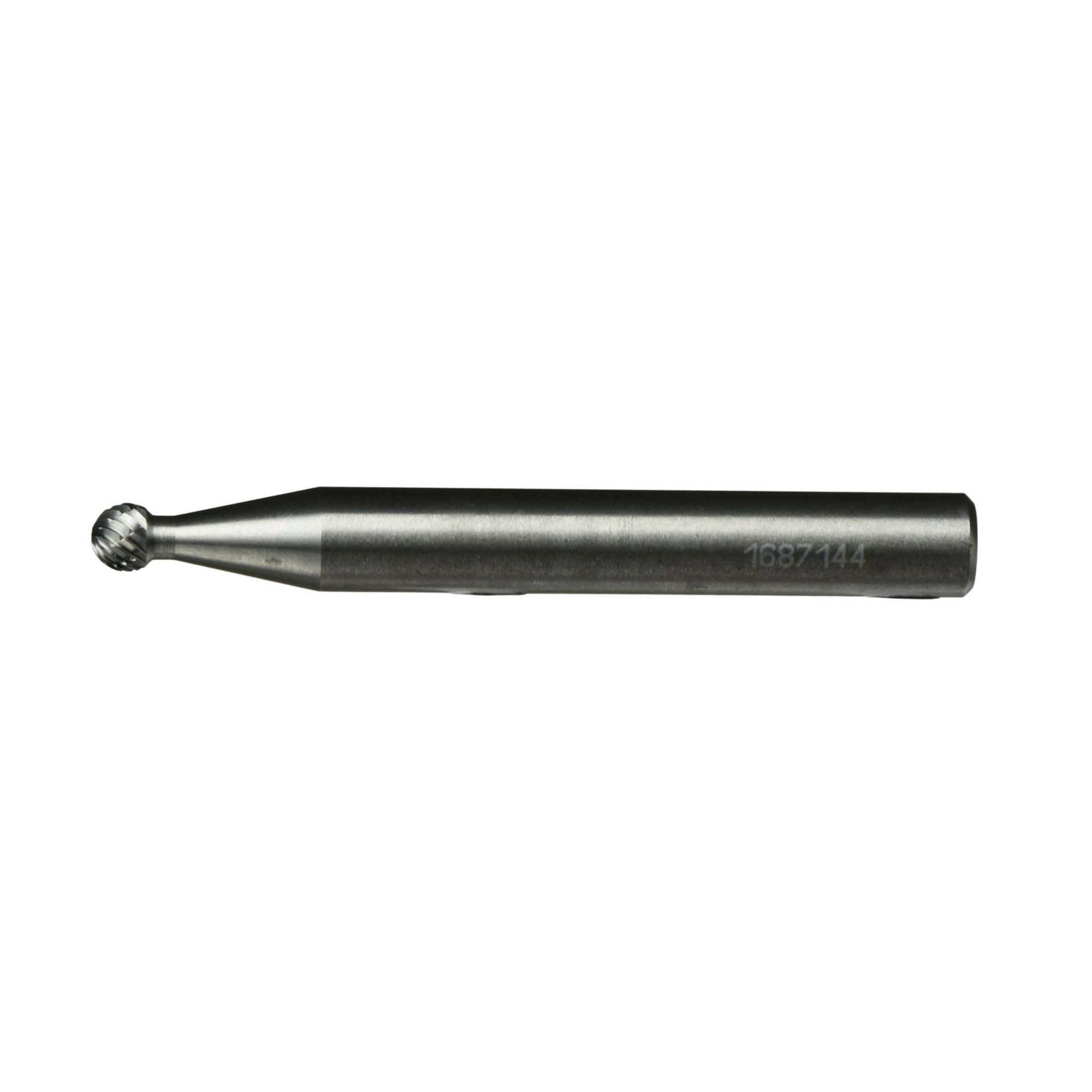 A small metal rotary tool bit with a spherical tip, used for precision drilling or sculpting, displayed on a white background.