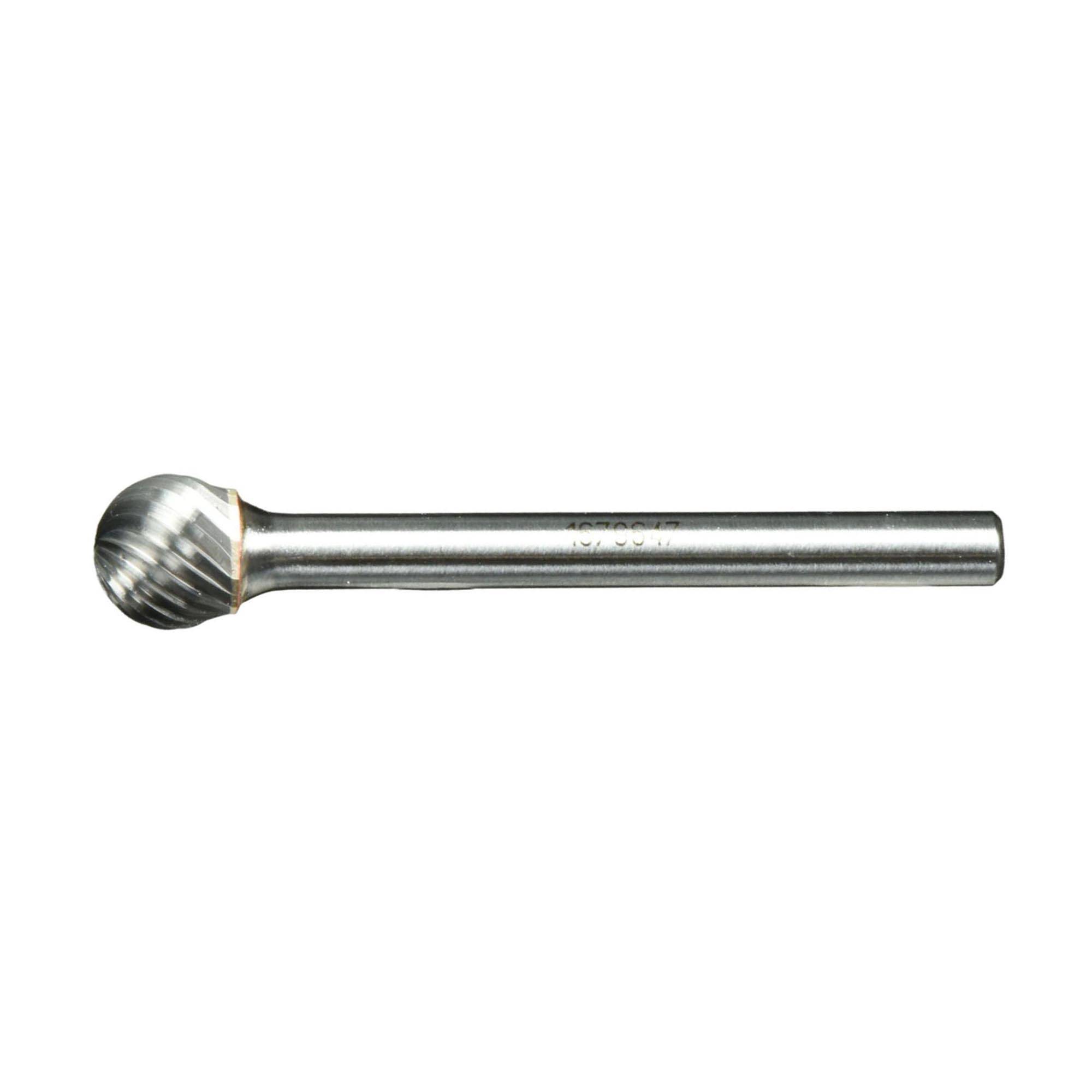 A metal bur tool with a spherical, ridged cutting head and a cylindrical shank, used for shaping or grinding hard materials.