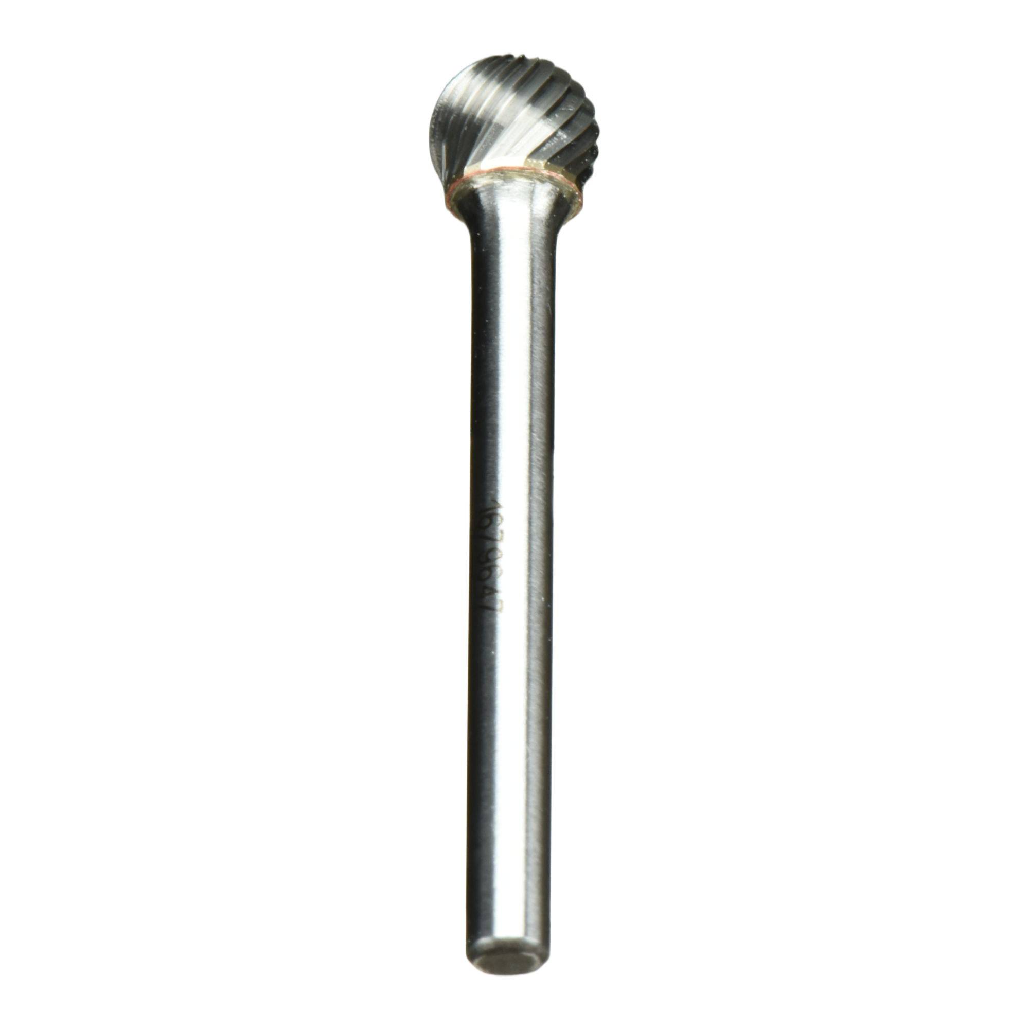 A metallic rotary burr tool with a spherical, textured cutting head on a long, smooth cylindrical shaft, used for shaping materials.