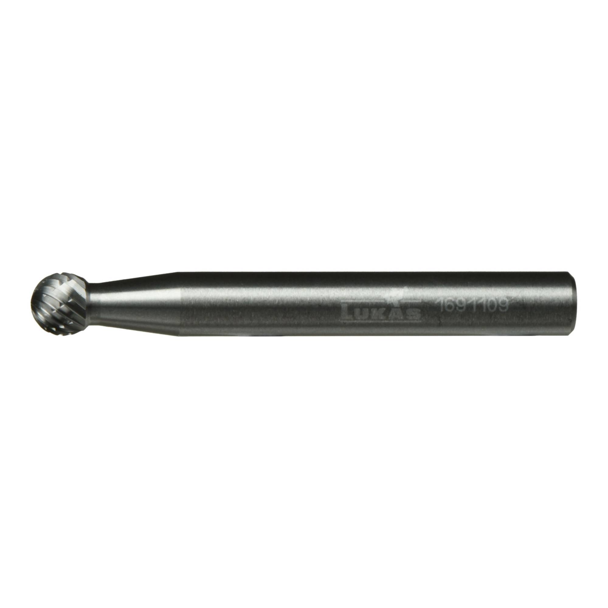 A metal carbide rotary burr with a spherical end, used for precision shaping and cutting in machining and metalworking applications.