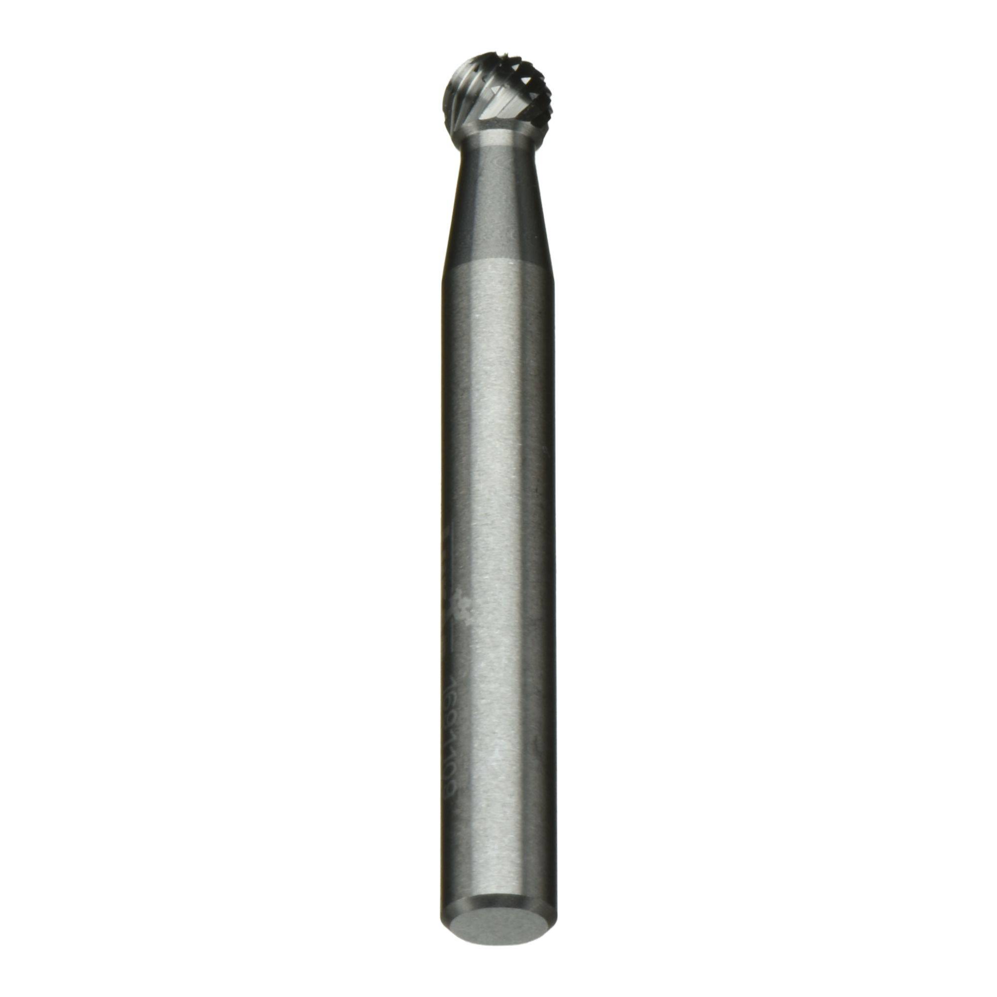 A metallic rotary burr with a rounded tip and fluted surface, used for shaping or cutting materials in machining or woodworking tasks.