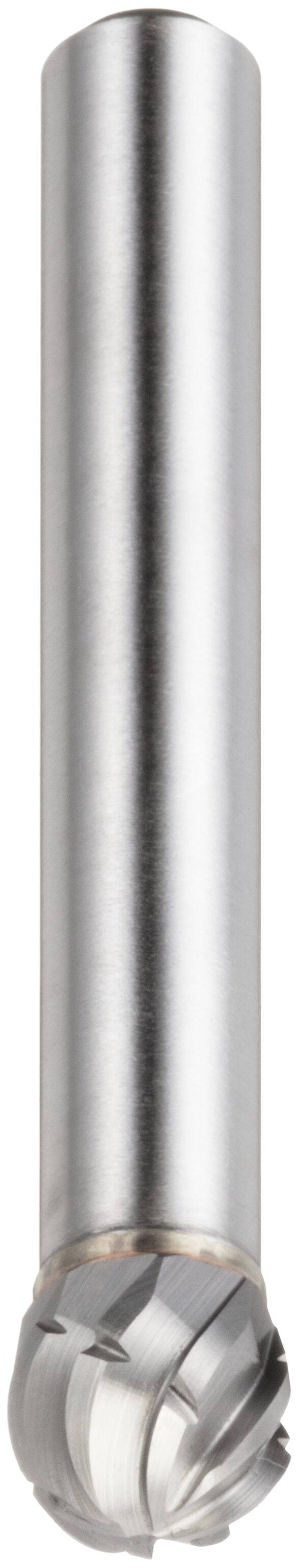 A metallic cylindrical object with a rounded, spiral-grooved tip, likely a tool used for precision machining or drilling tasks.