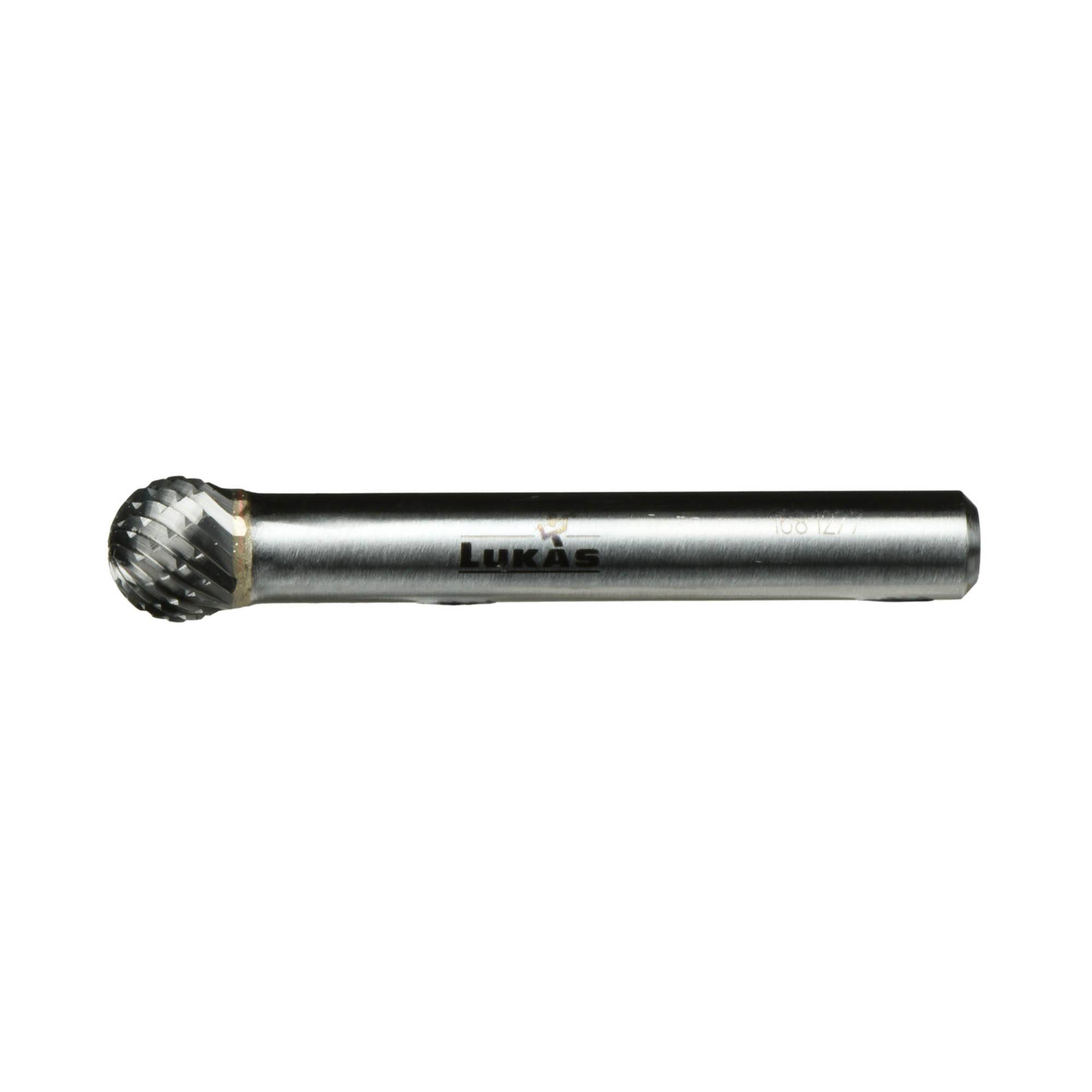 A metallic rotary burr tool with a spherical cutting head and a cylindrical shank, used for shaping or grinding materials.