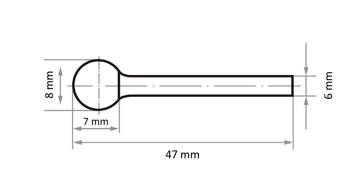 Technical drawing of a pin: round head 8 mm in diameter, 47 mm total length, 6 mm shaft diameter, and head depth of 7 mm.