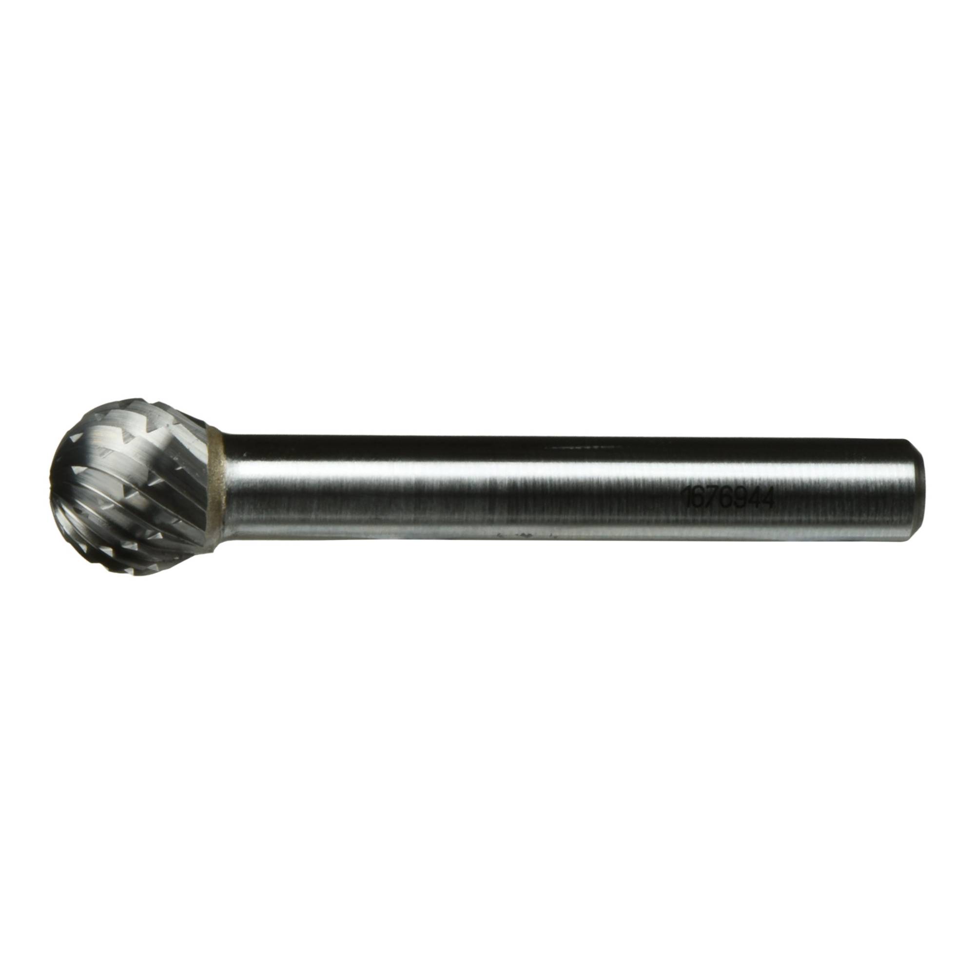 A metal rotary burr with a spherical head and a cylindrical shank designed for cutting, shaping, or grinding hard materials.