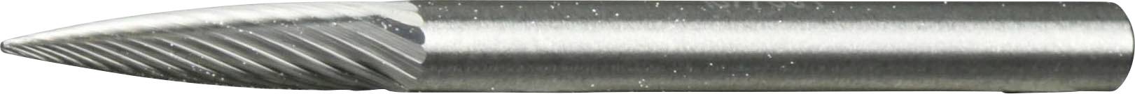 A close-up image of a metallic rotary burr tool with a pointed tip and spiral flutes.
